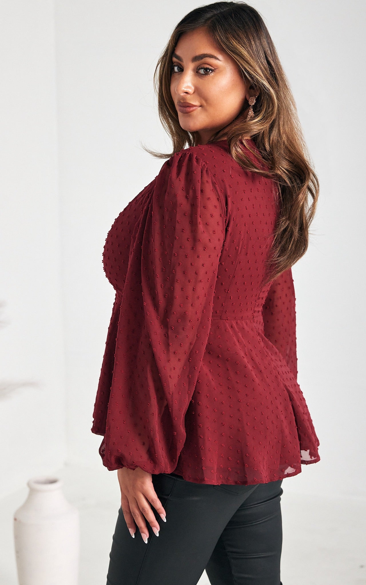 Edwina Peplum Top - Wine Texture