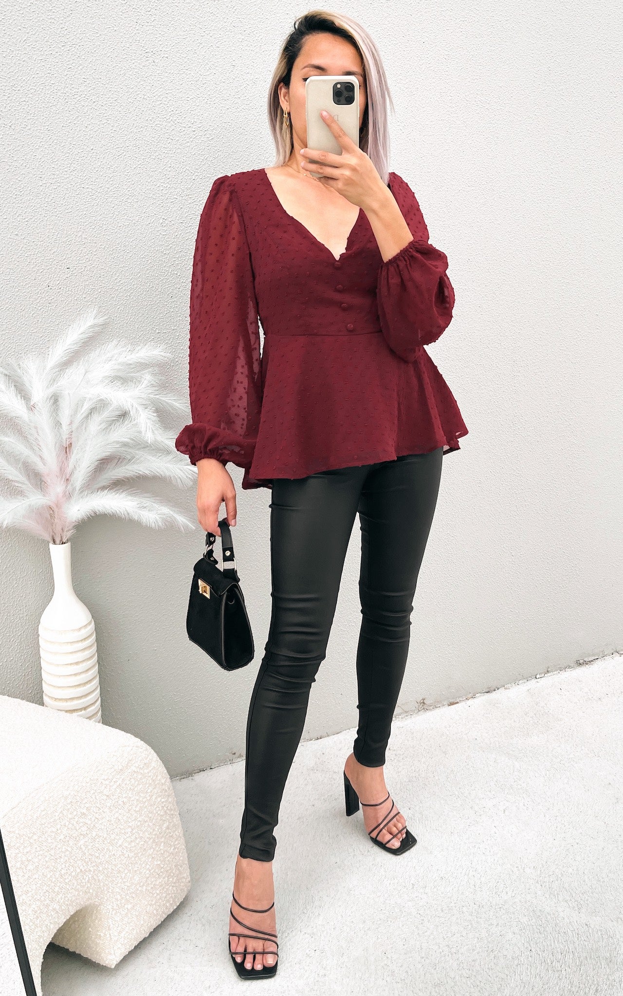 Edwina Peplum Top - Wine Texture