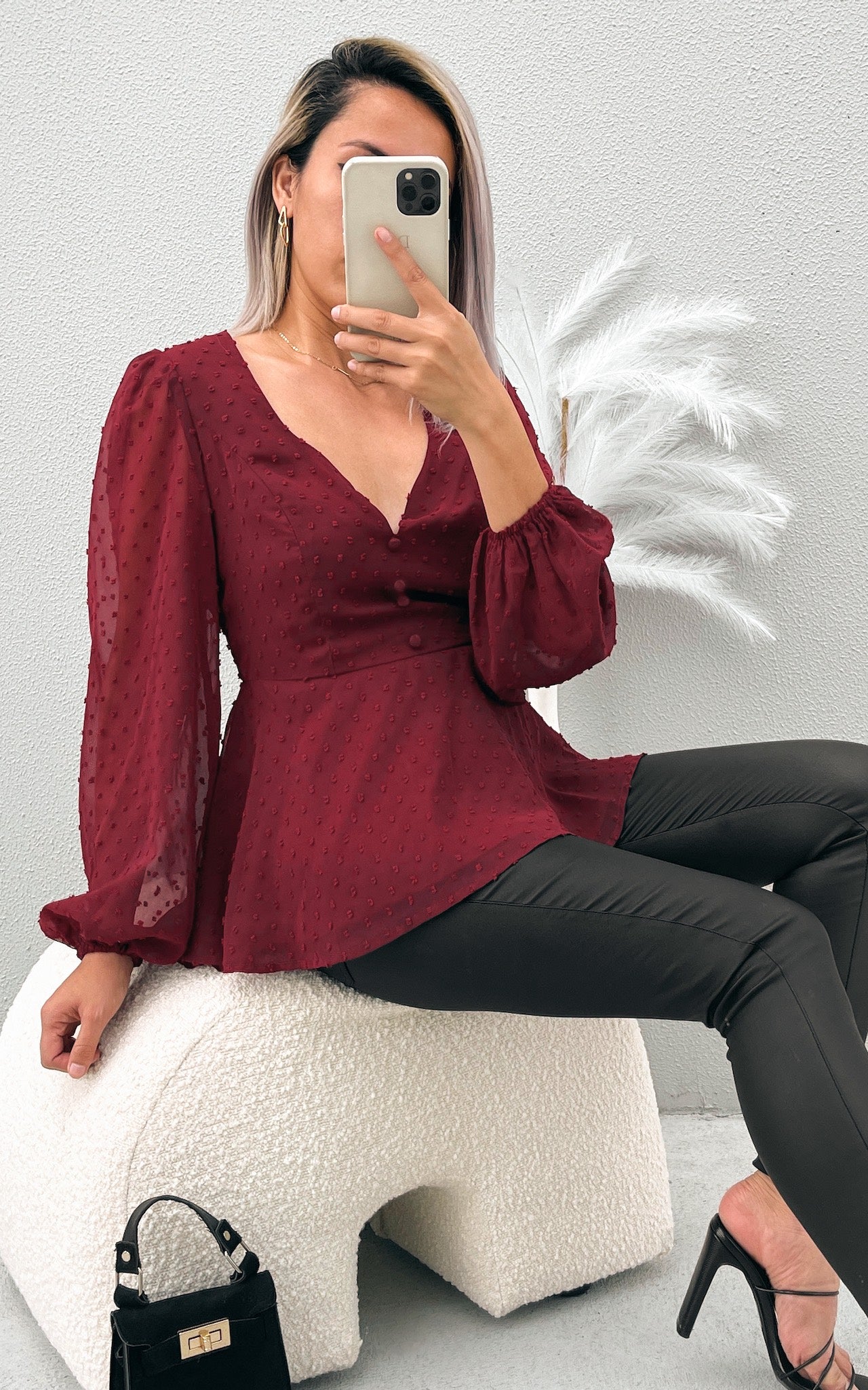 Edwina Peplum Top - Wine Texture