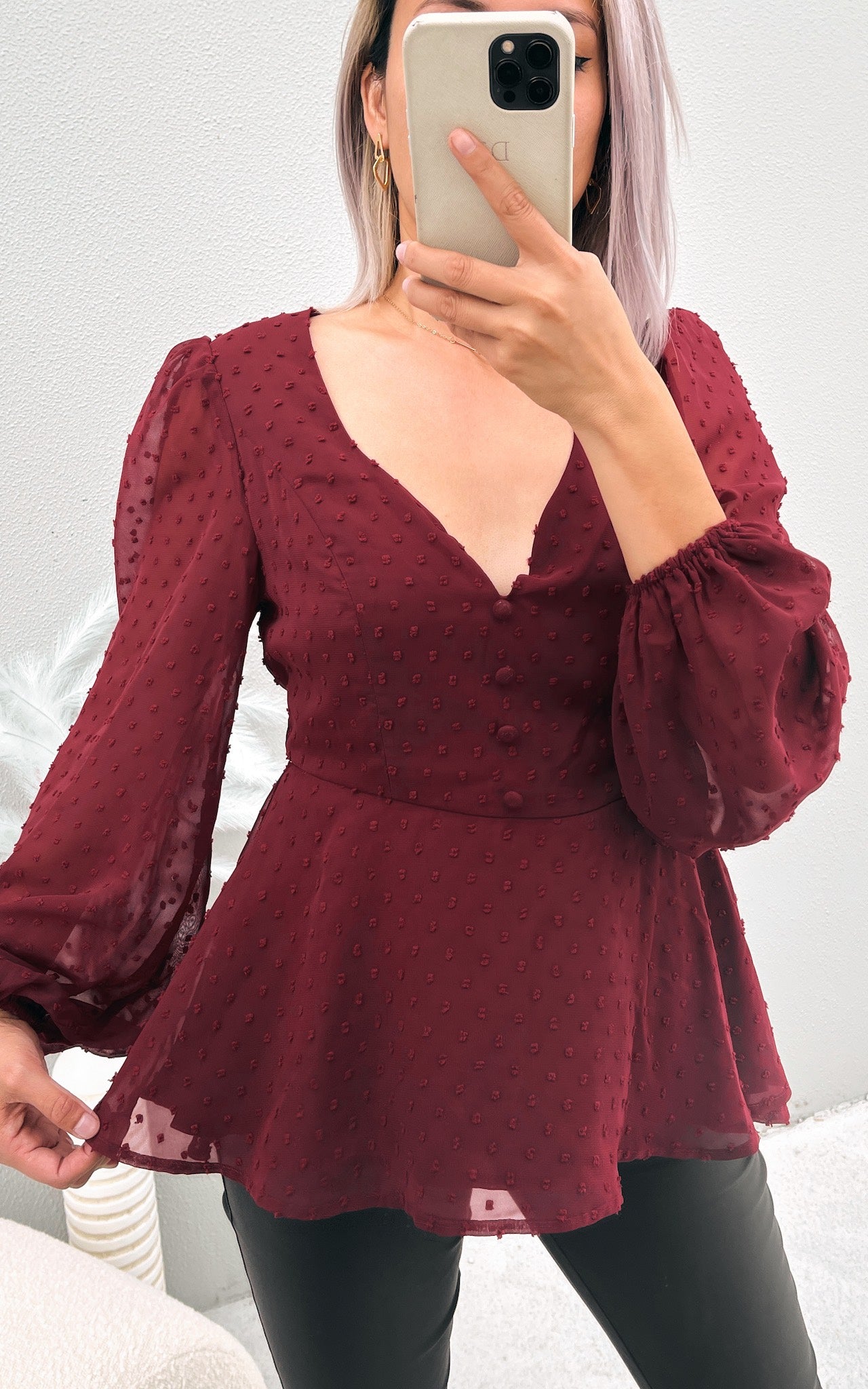 Edwina Peplum Top - Wine Texture