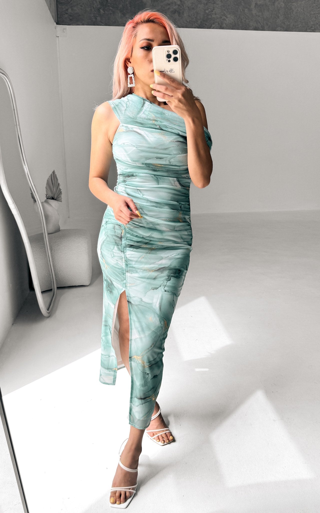 Elka Mesh Midi Dress - Green Gold Marble Print