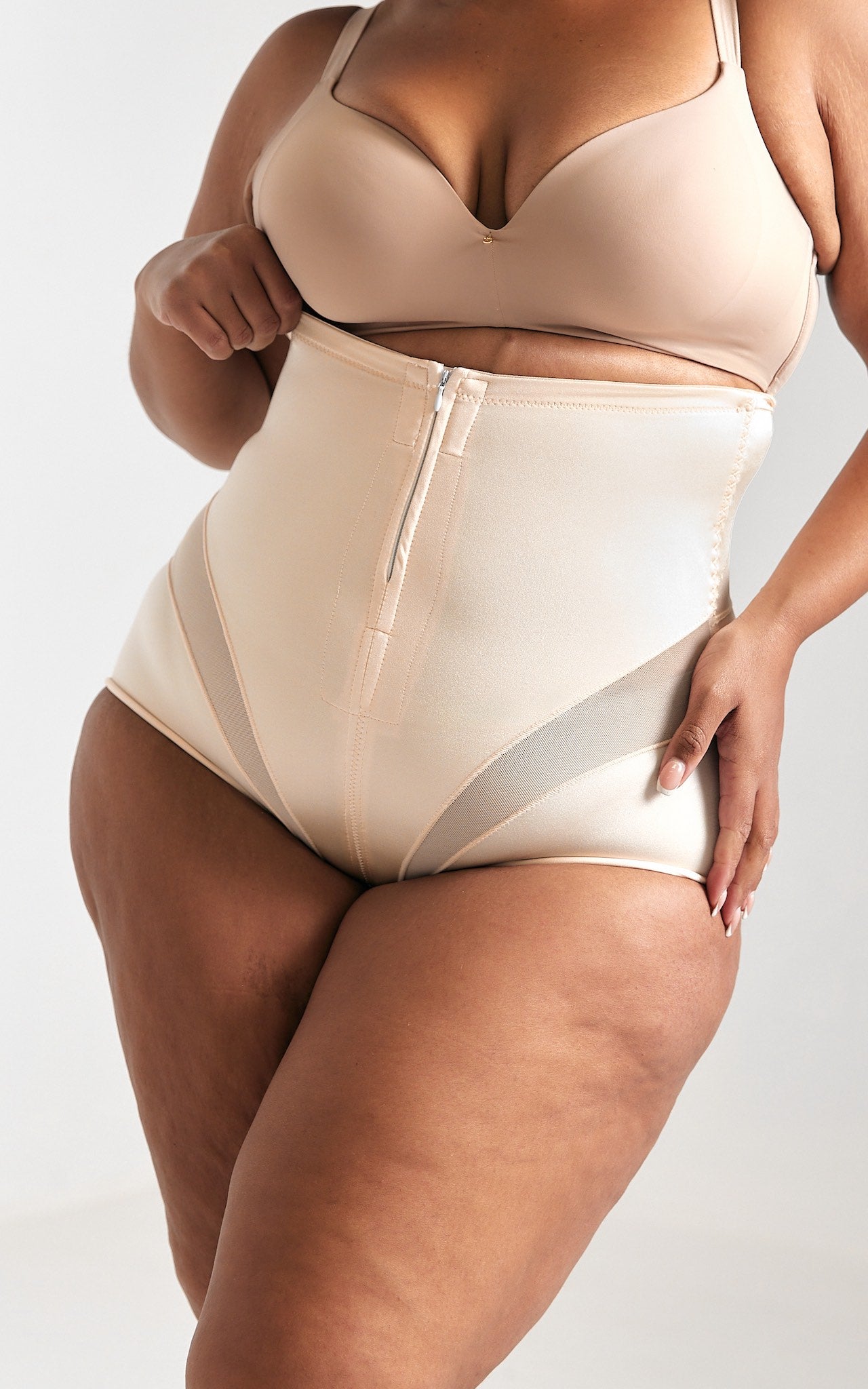 Ellie High Waisted Zipper Open Front Closure Shapewear Briefs - Nude