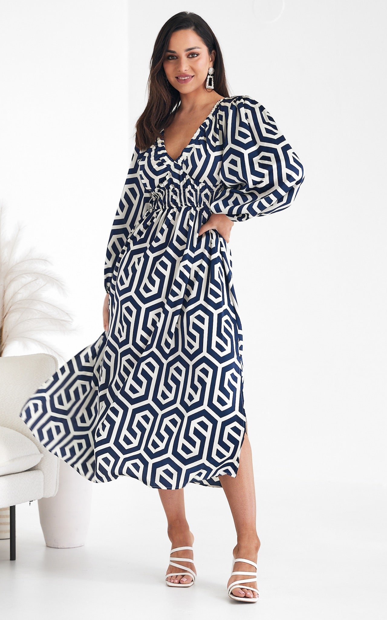 Ember Midi Dress - Blue Cream Geometric Print