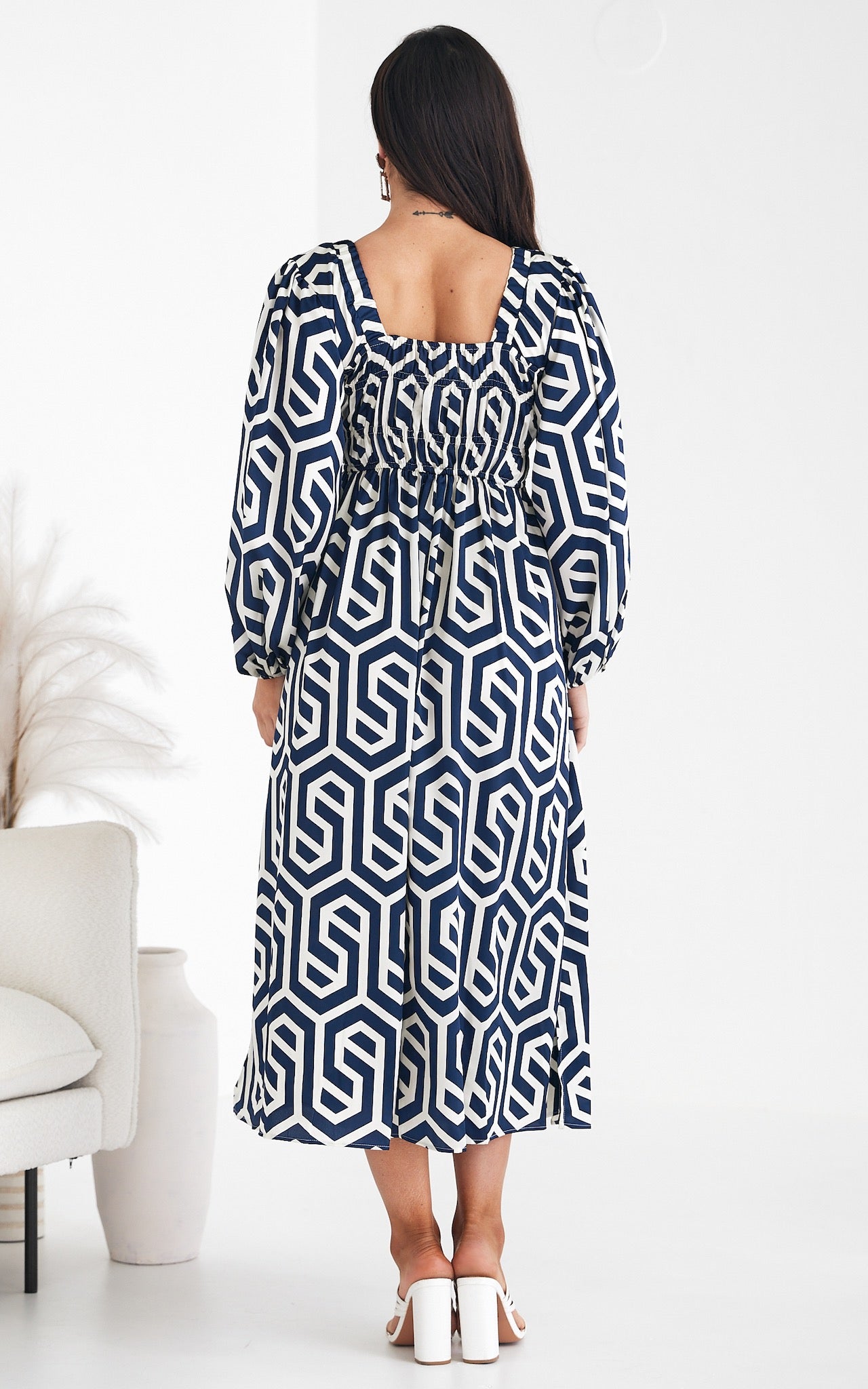 Ember Midi Dress - Blue Cream Geometric Print