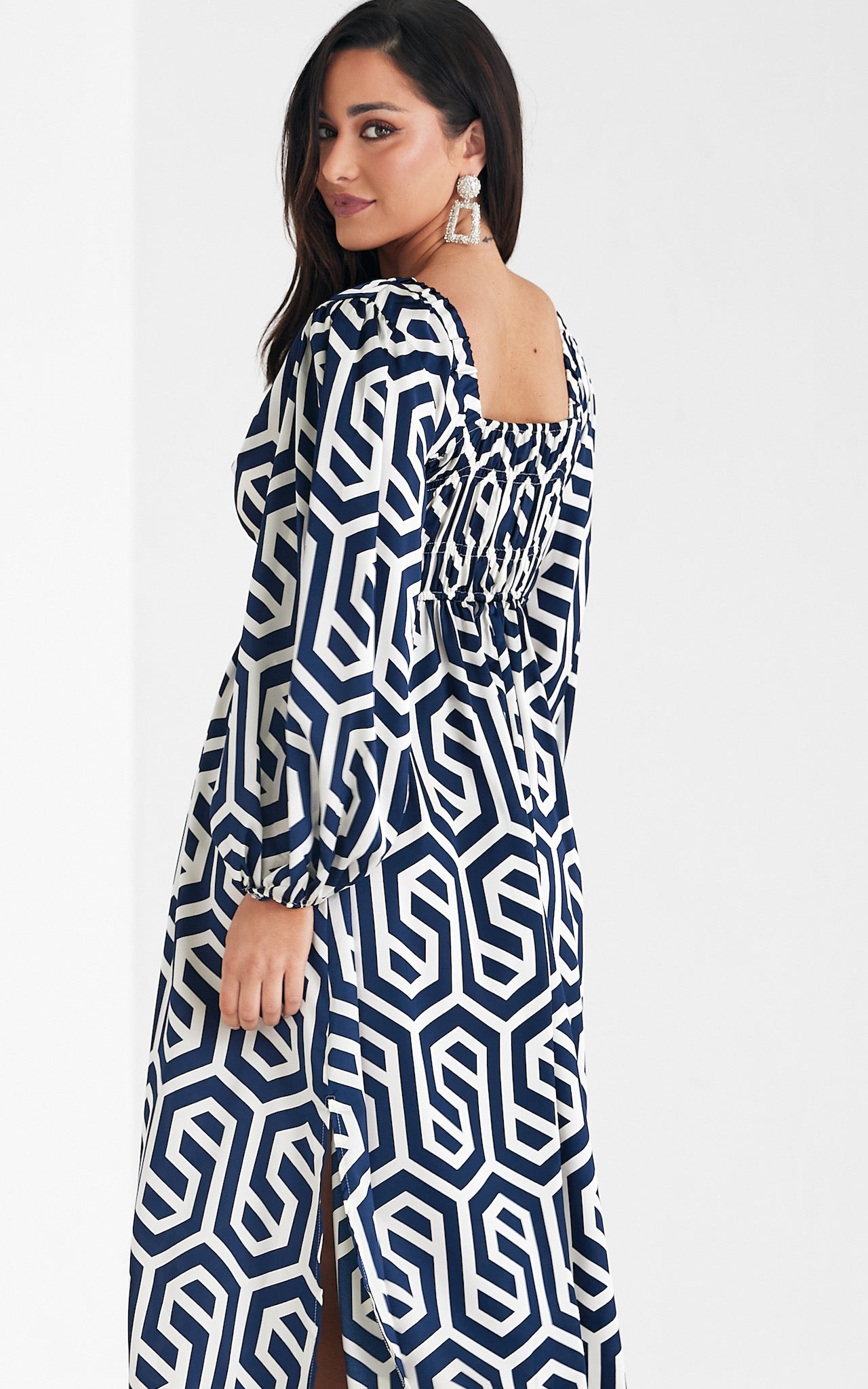 Ember Midi Dress - Blue Cream Geometric Print