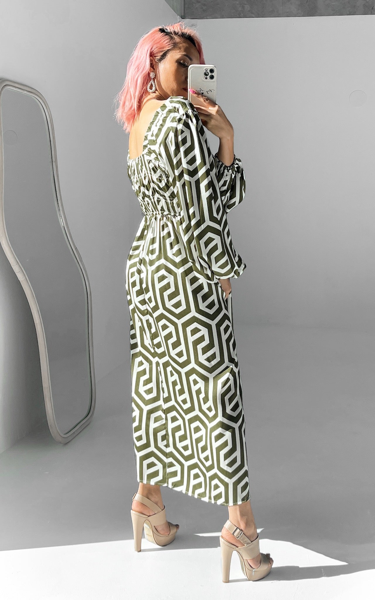 Ember Midi Dress - Khaki Cream Geometric Print