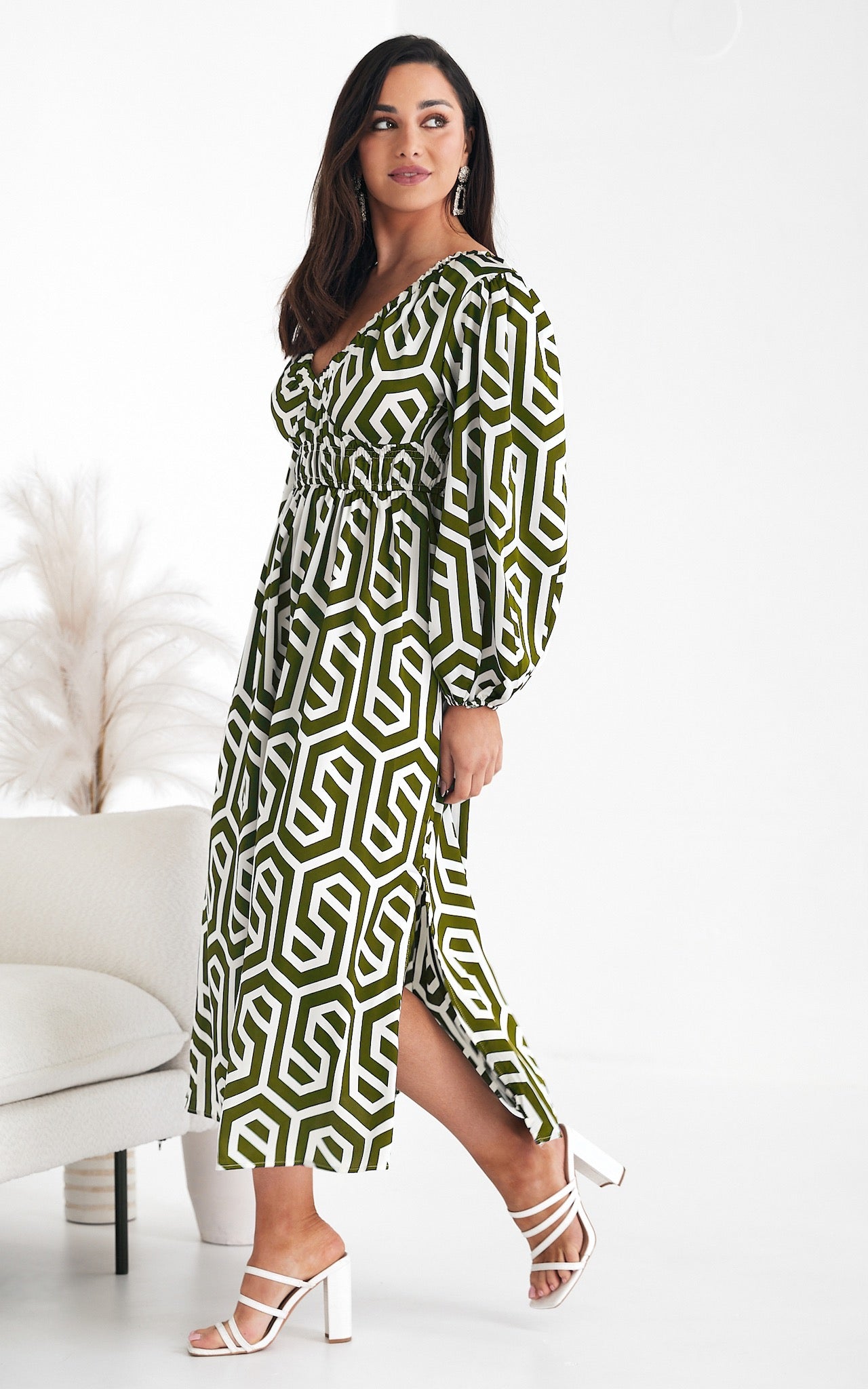 Ember Midi Dress - Khaki Cream Geometric Print