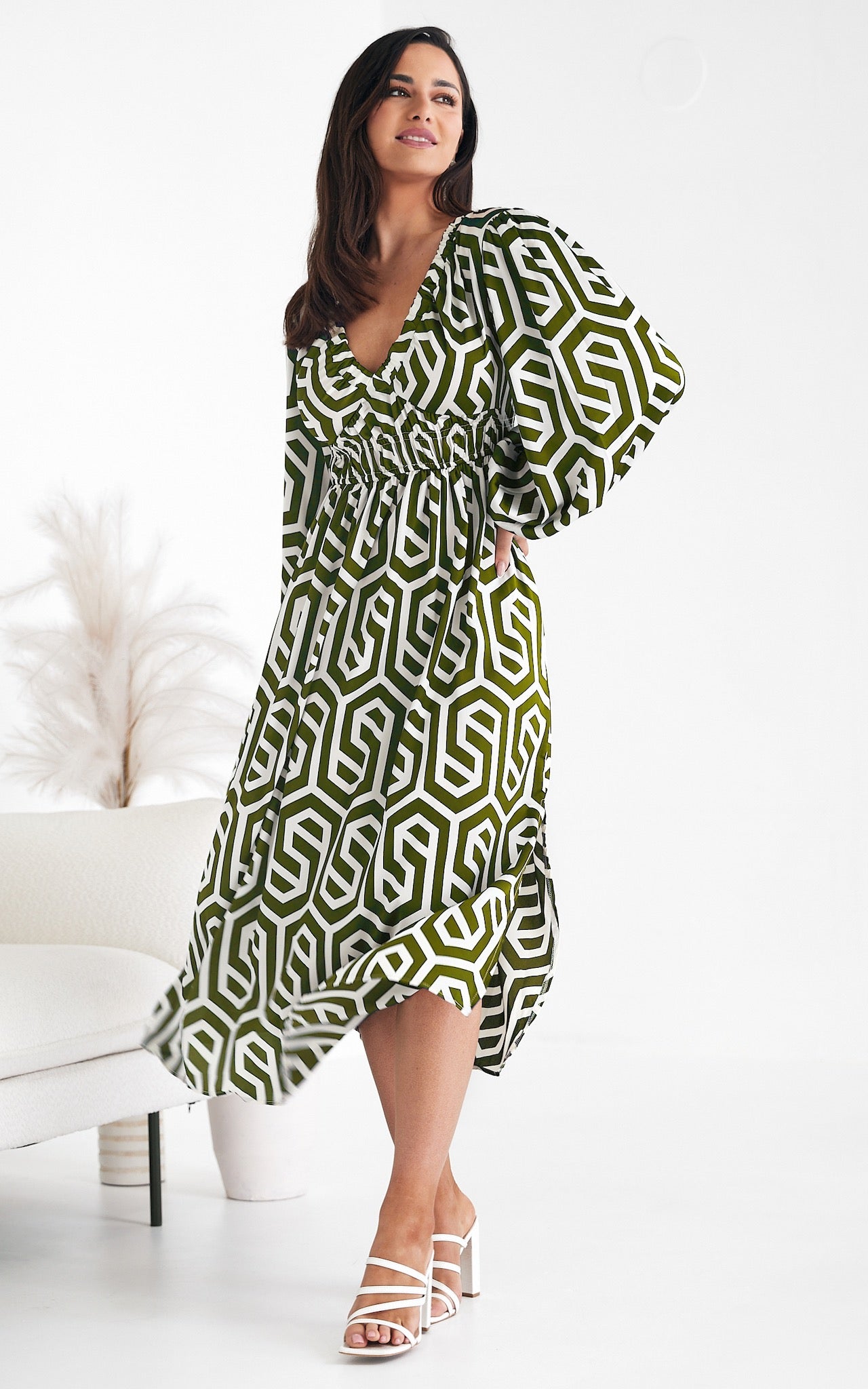 Ember Midi Dress - Khaki Cream Geometric Print