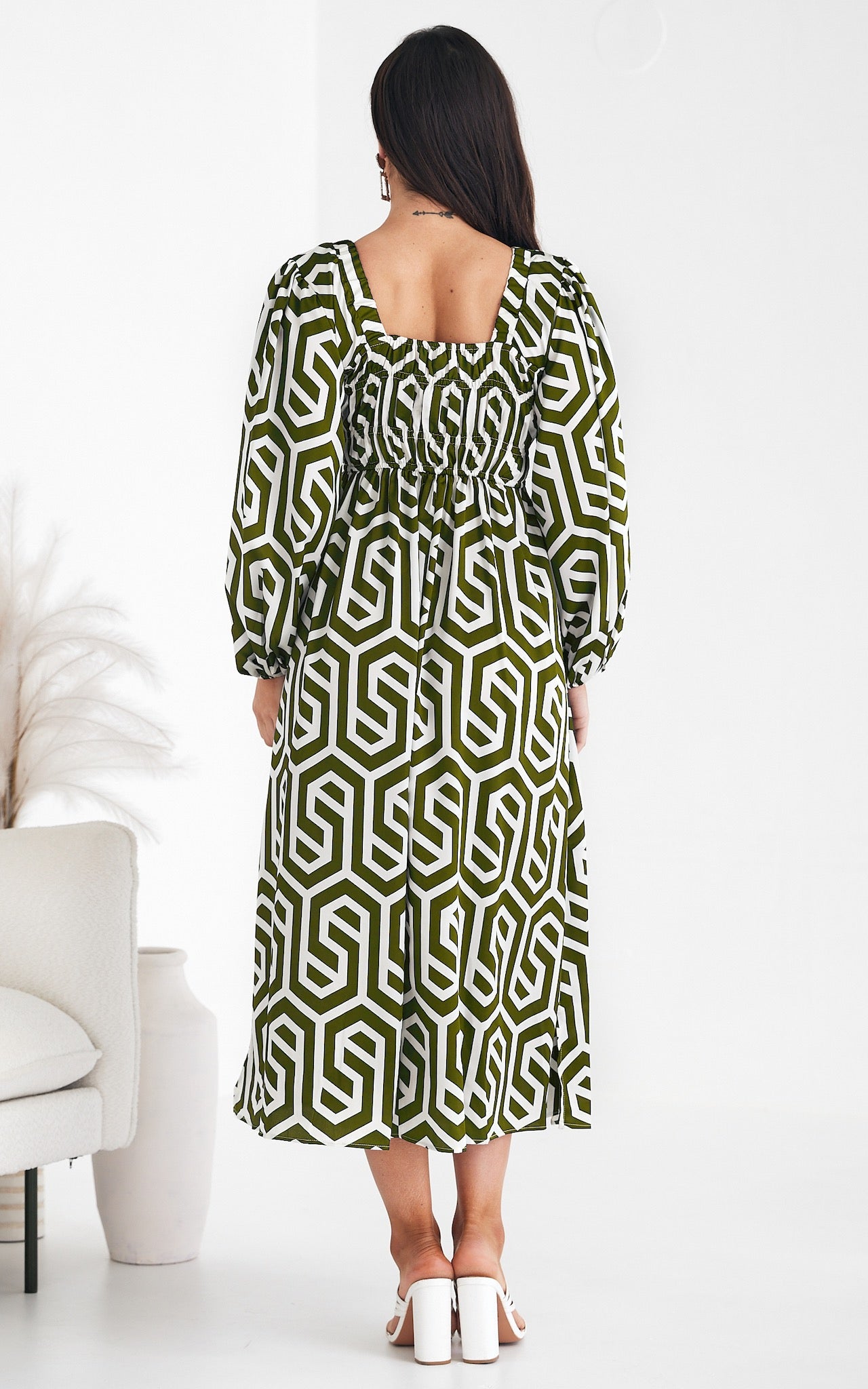 Ember Midi Dress - Khaki Cream Geometric Print