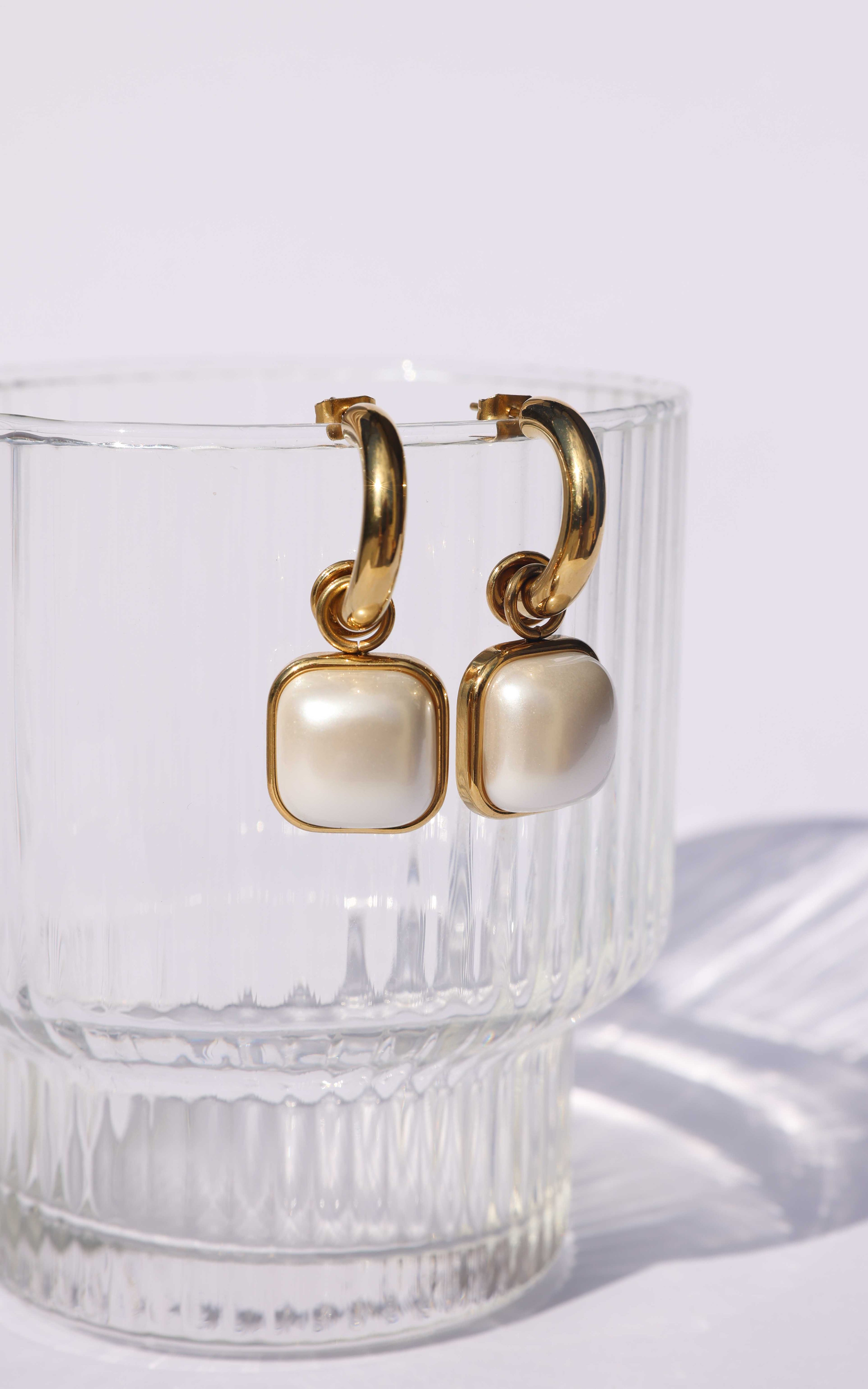 Enrica Hoop Earrings - Gold Square Pearl