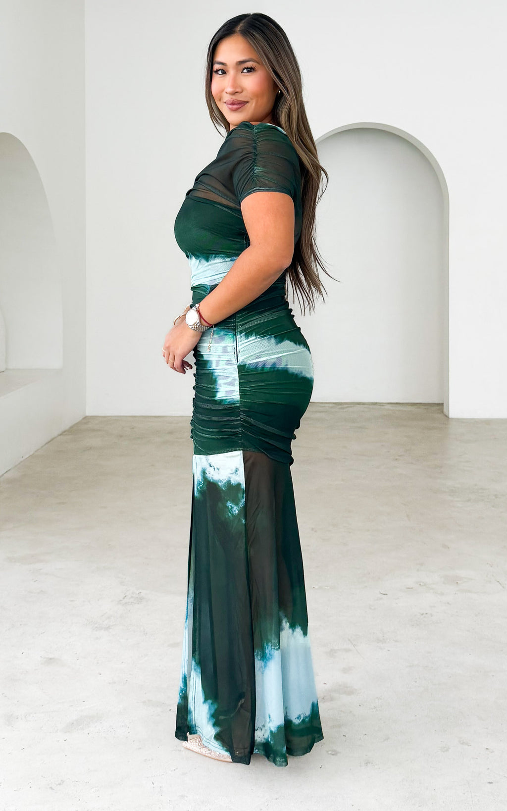 Eridania Mesh Maxi Dress - Emerald Multi Print
