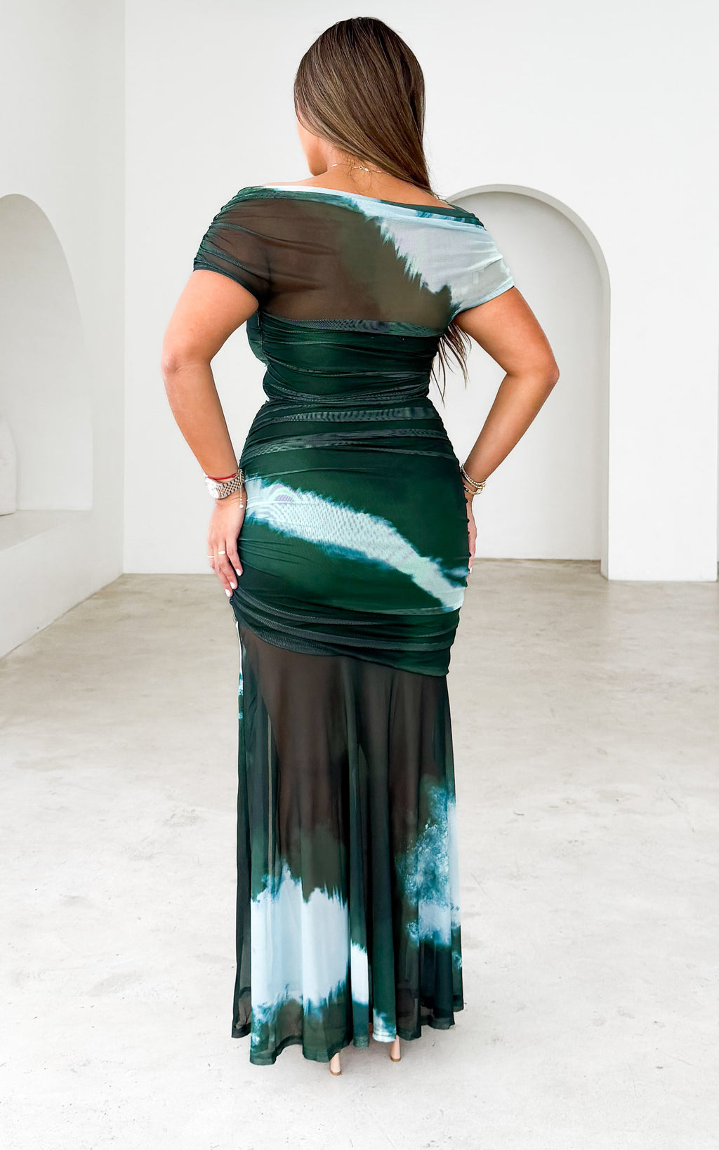 Eridania Mesh Maxi Dress - Emerald Multi Print