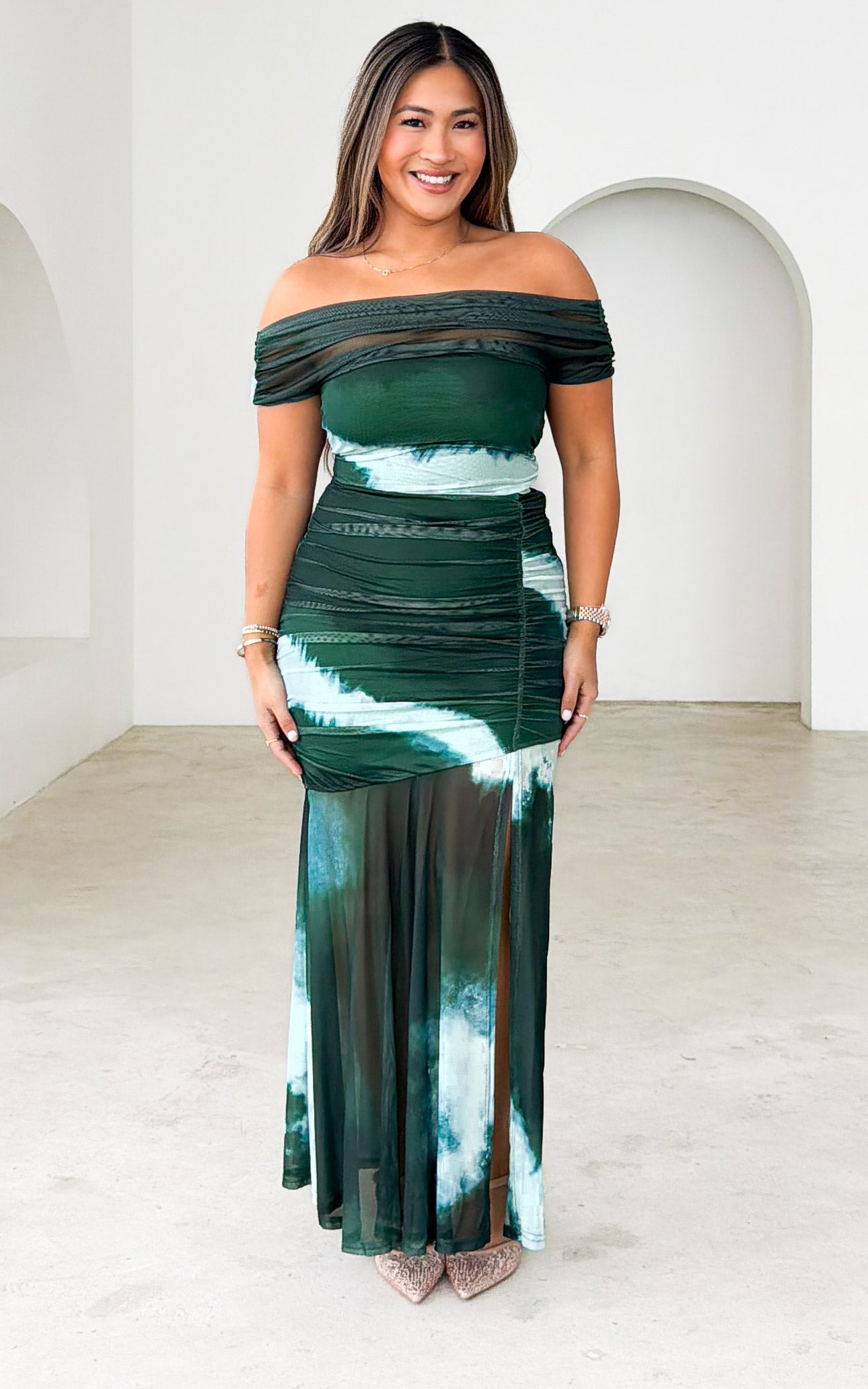 Eridania Mesh Maxi Dress - Emerald Multi Print