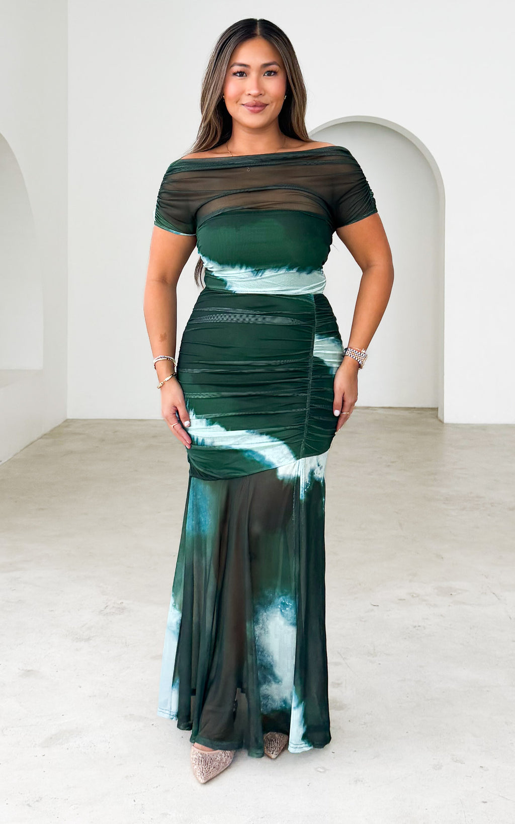 Eridania Mesh Maxi Dress - Emerald Multi Print