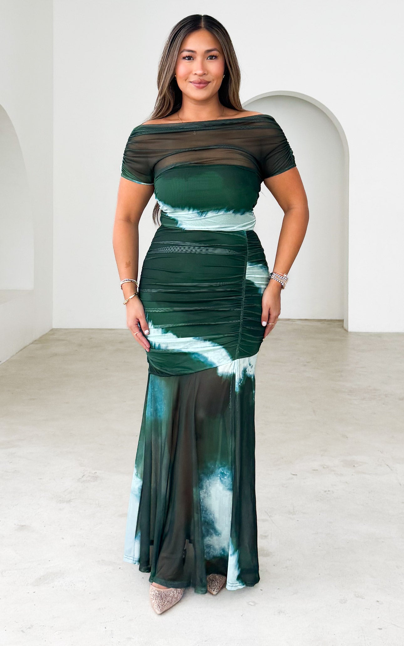 Eridania Mesh Maxi Dress - Emerald Multi Print