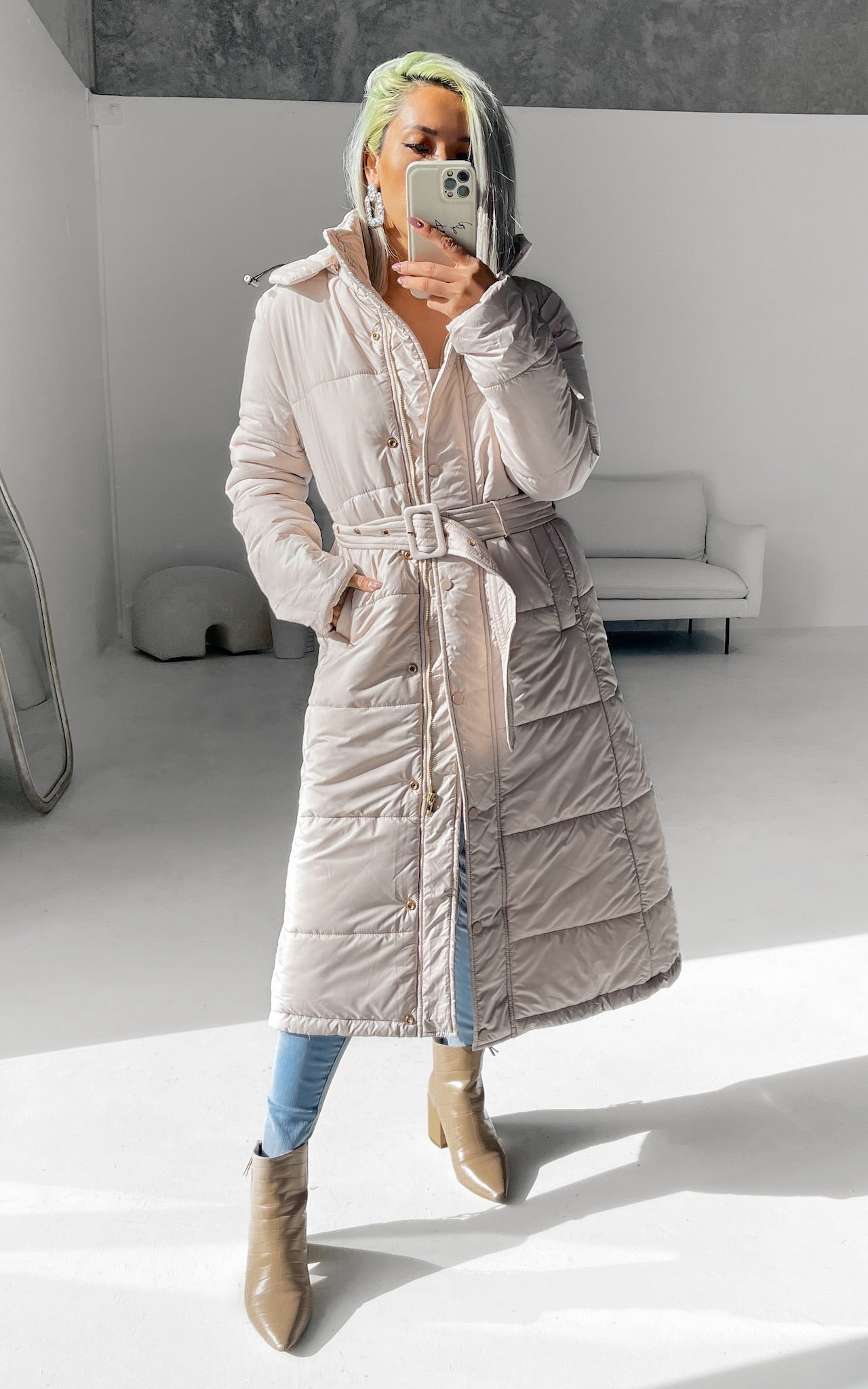 Eve Longline Puffer Coat - Beige