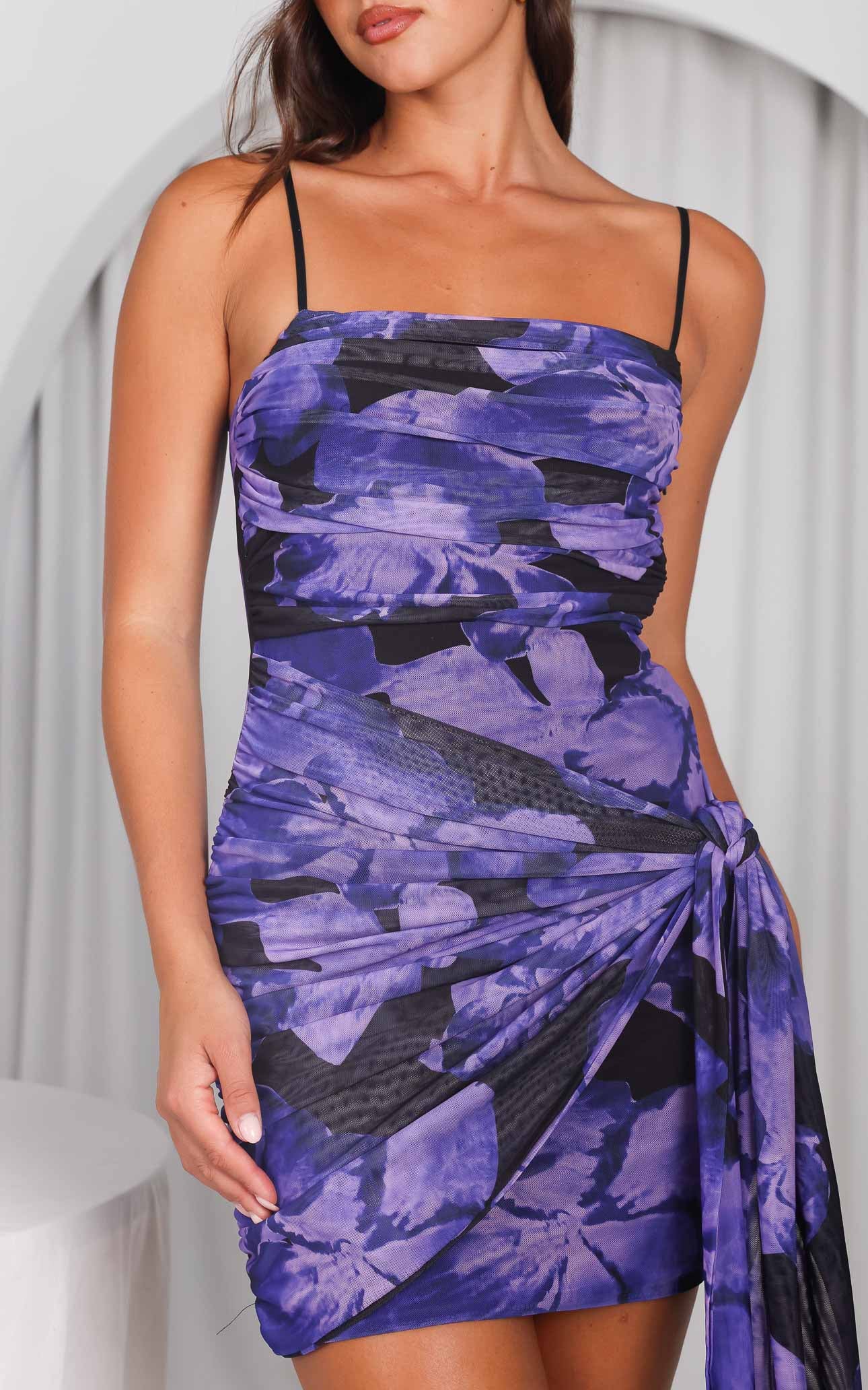 Evissa Mesh Mini Dress - Purple Black Floral