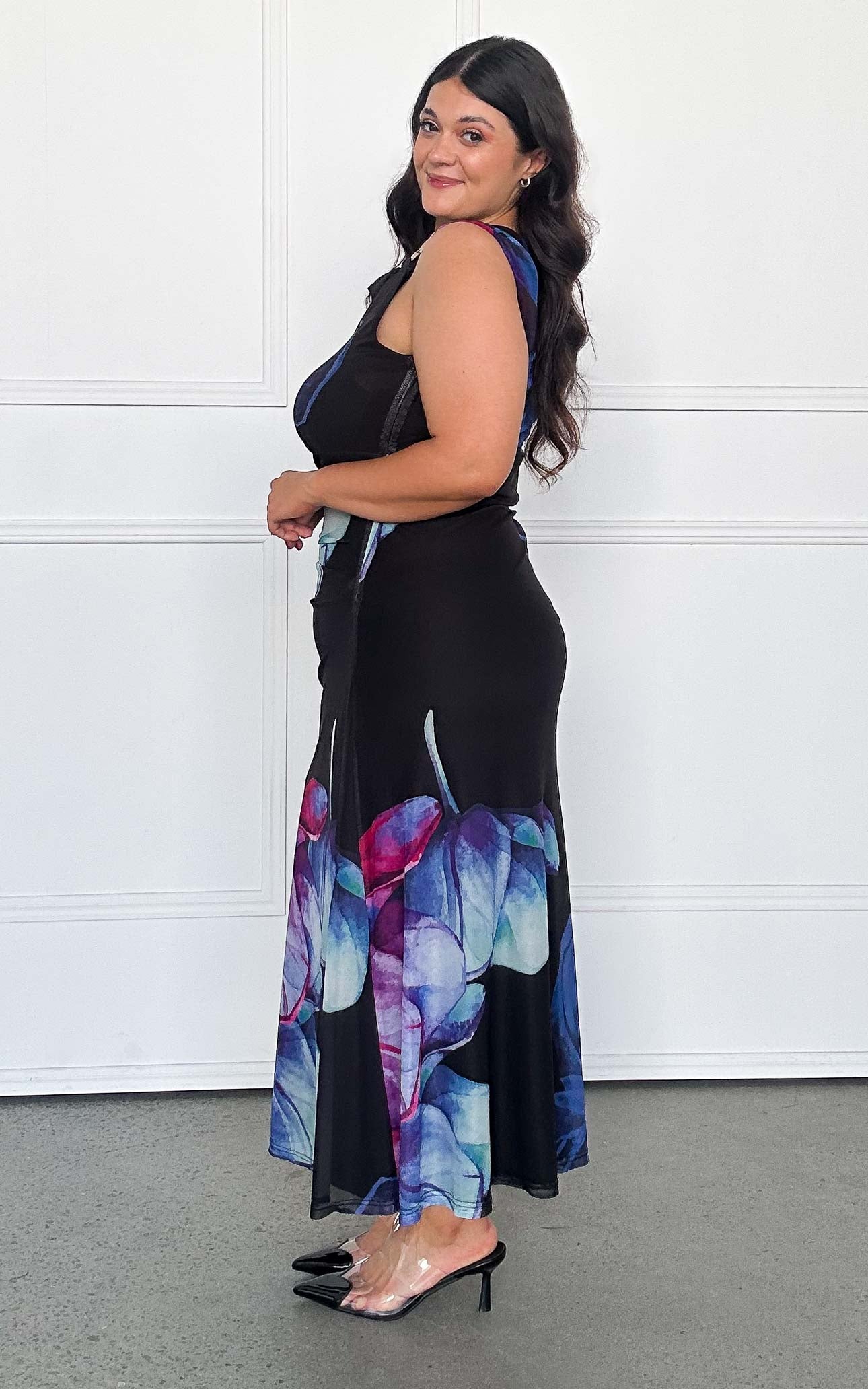 Evoke Mesh Maxi Dress - Black Blue Multi Floral