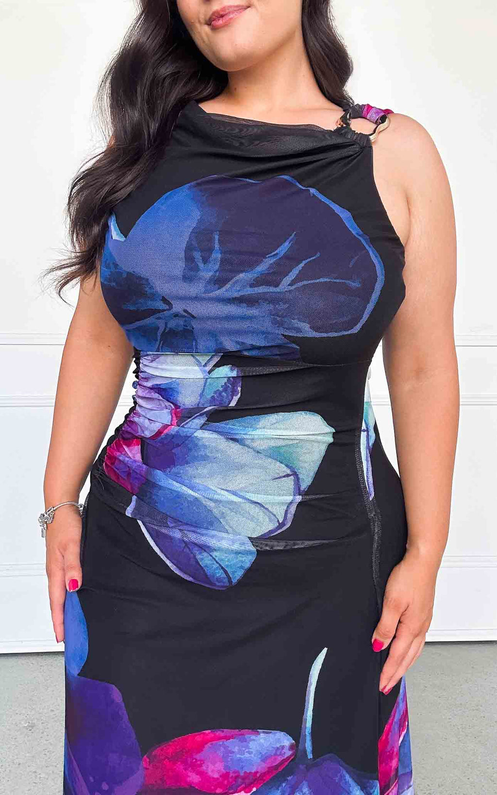 Evoke Mesh Maxi Dress - Black Blue Multi Floral