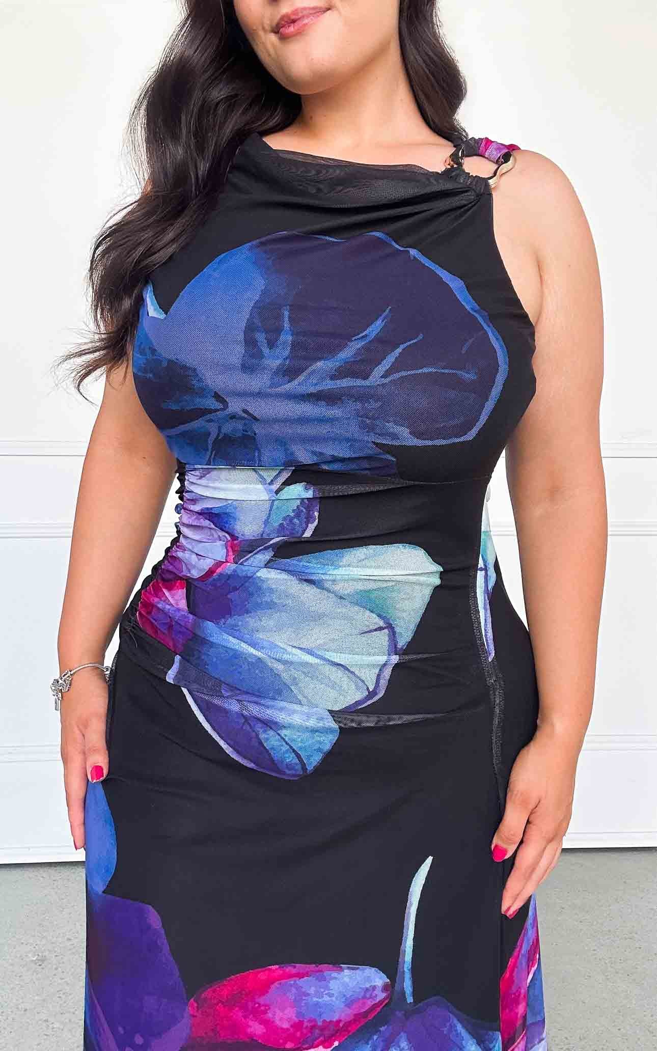 Evoke Mesh Maxi Dress - Black Blue Multi Floral