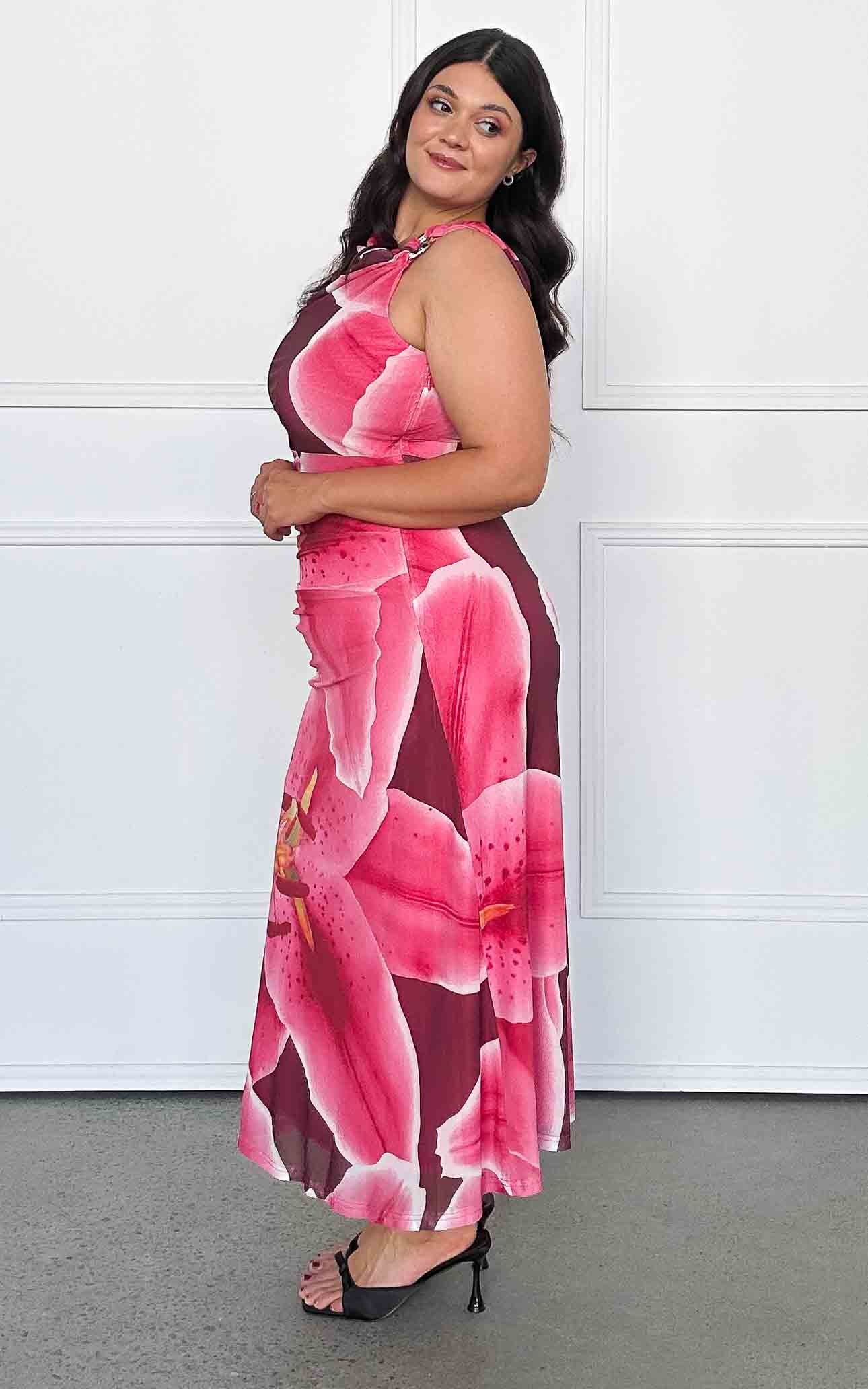 Evoke Mesh Maxi Dress - Wine Pink Floral