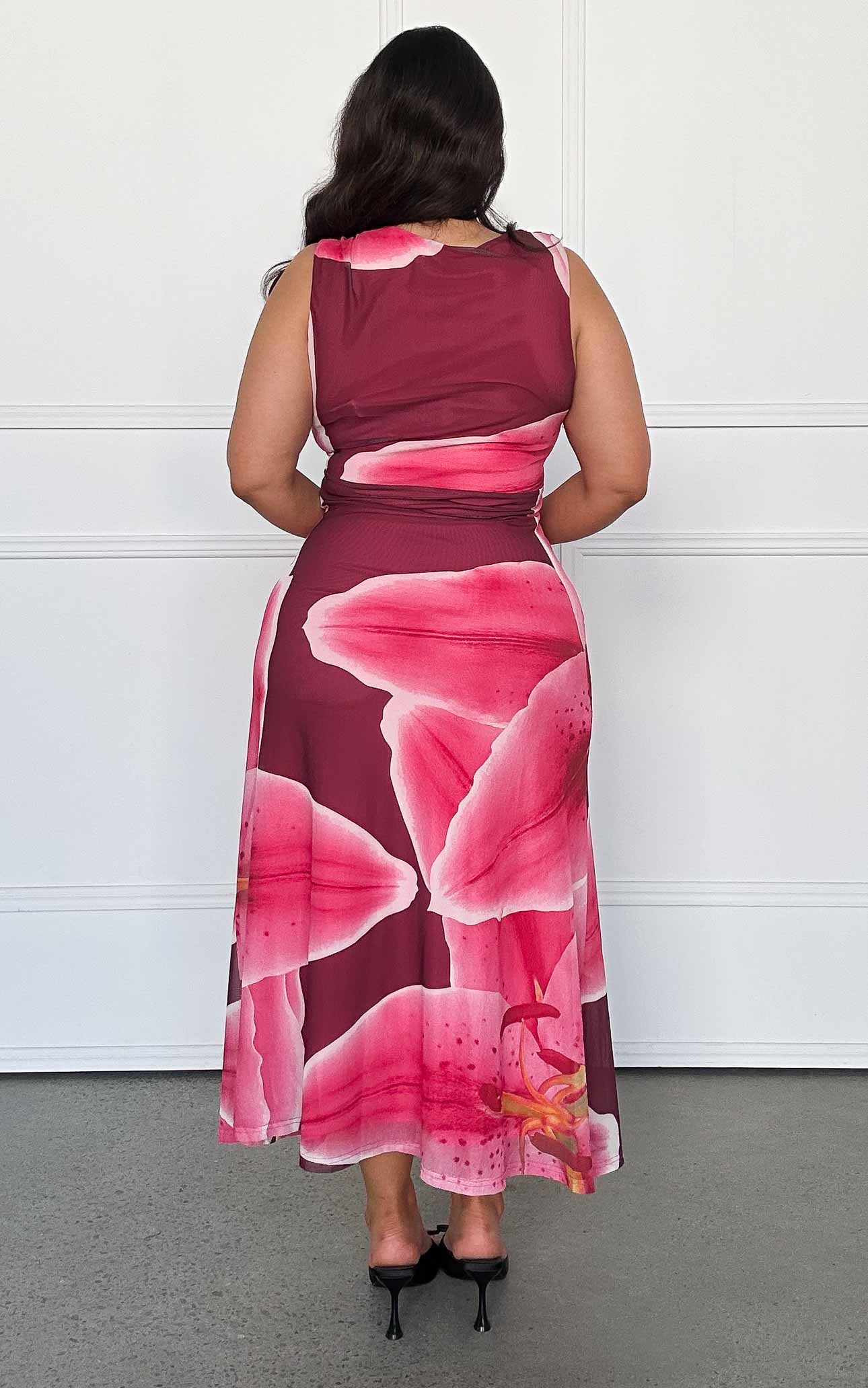 Evoke Mesh Maxi Dress - Wine Pink Floral
