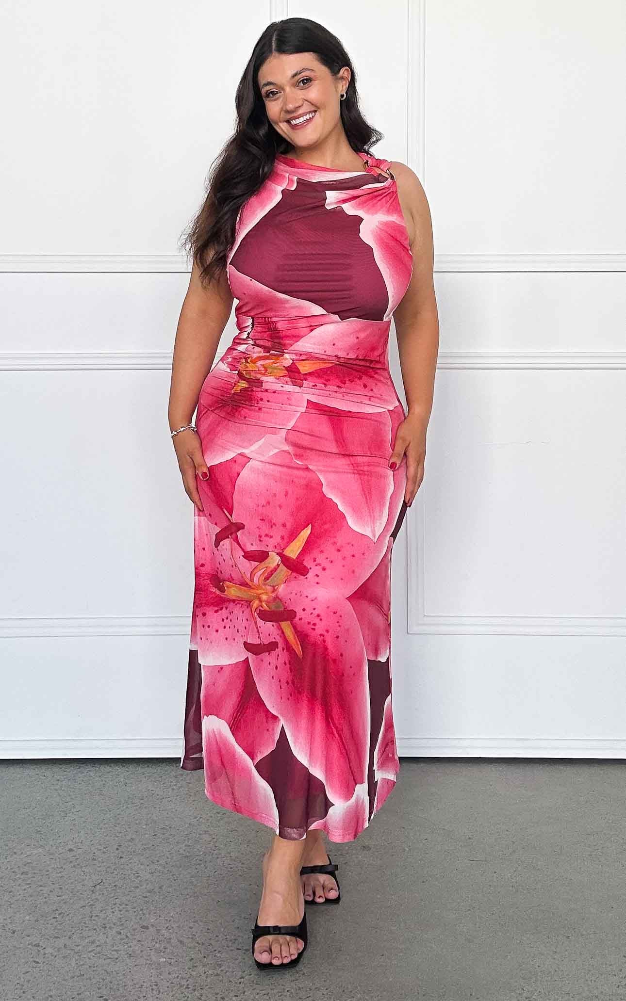 Evoke Mesh Maxi Dress - Wine Pink Floral