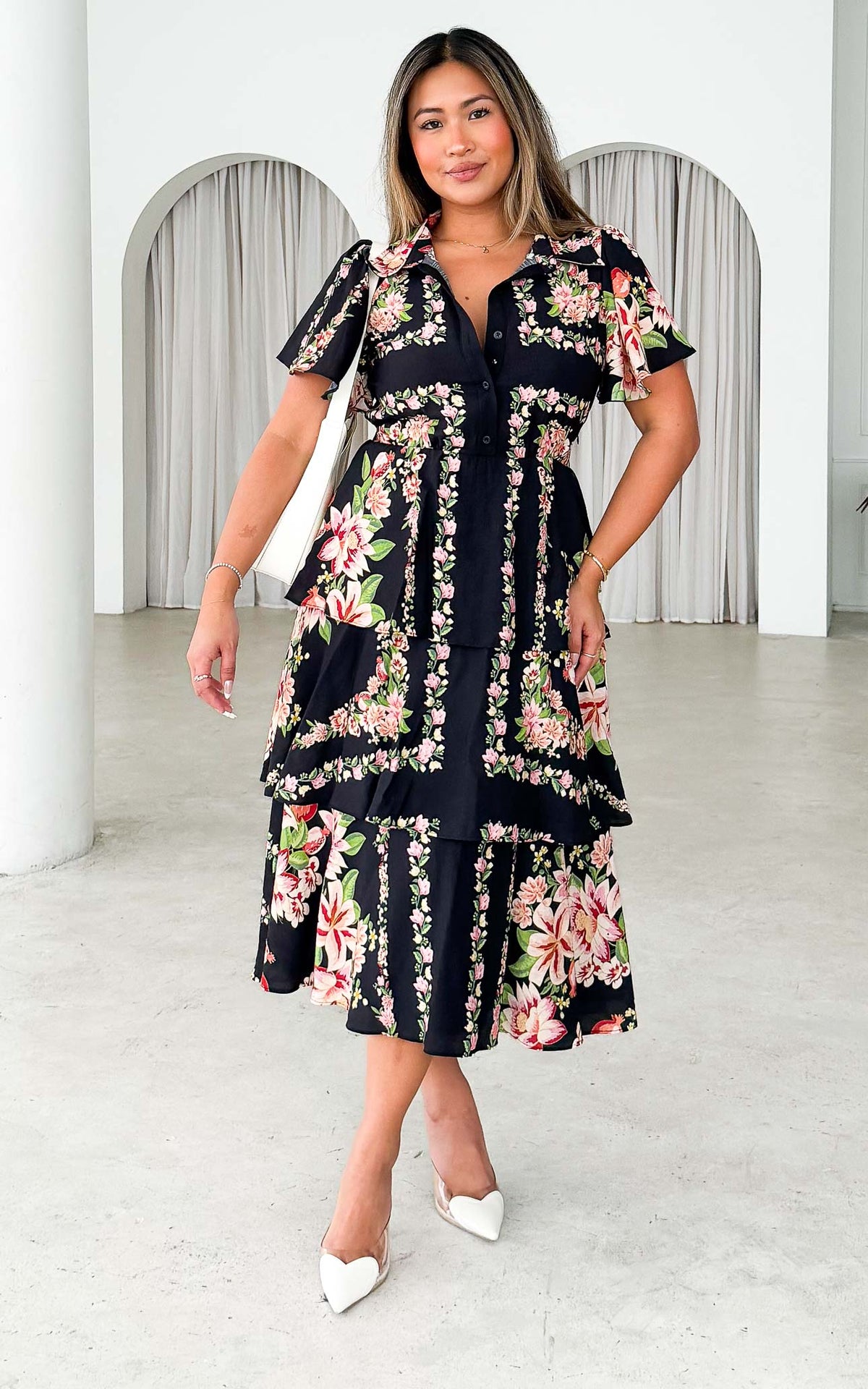 Elliette Midi Dress - Black Multi Floral