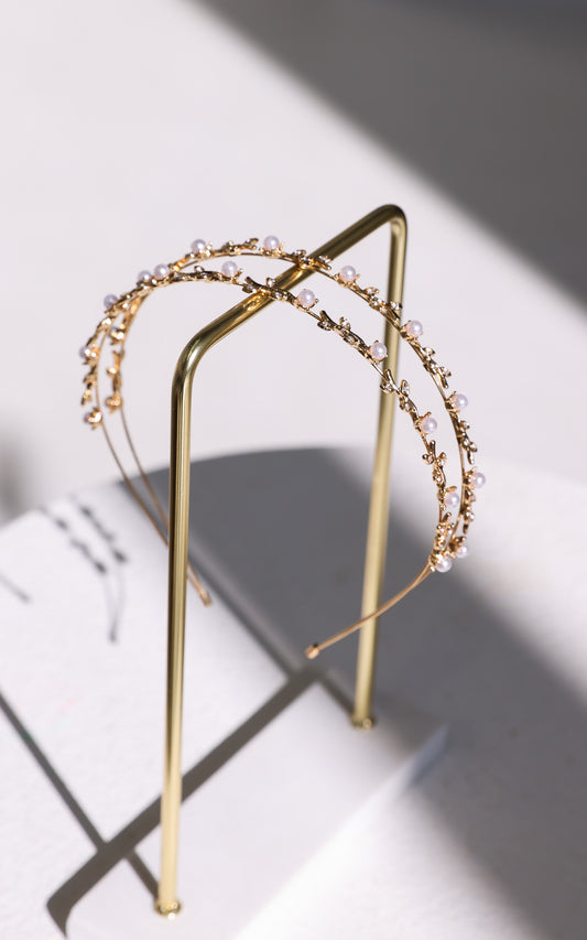 Emersyne Double Layered Headband - Gold Leaf Pearl Diamante