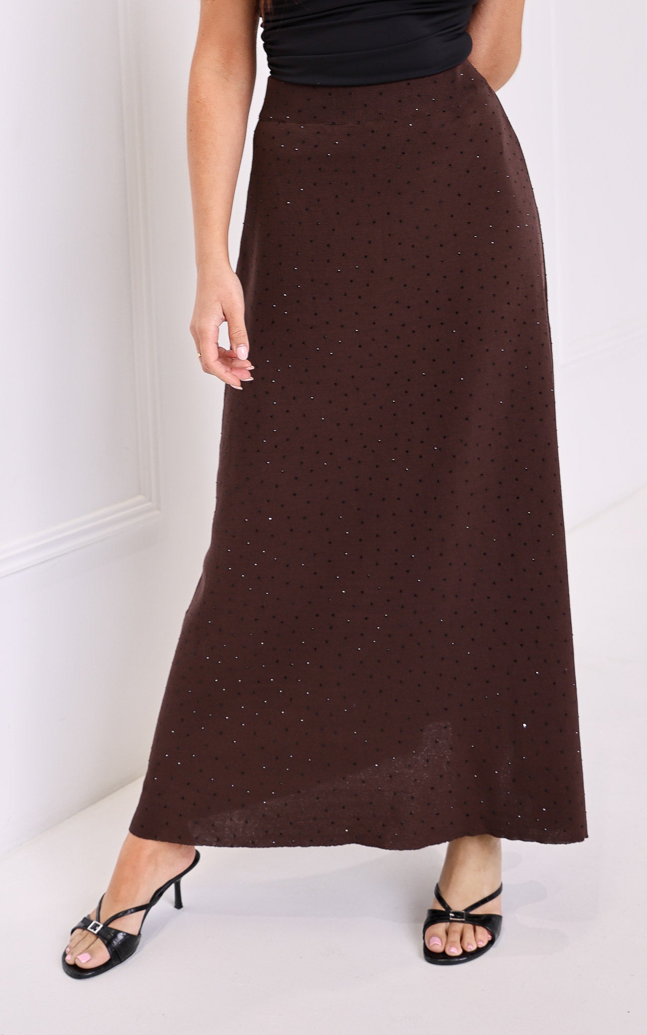 Evianna Diamante Knit Maxi Skirt - Chocolate Brown