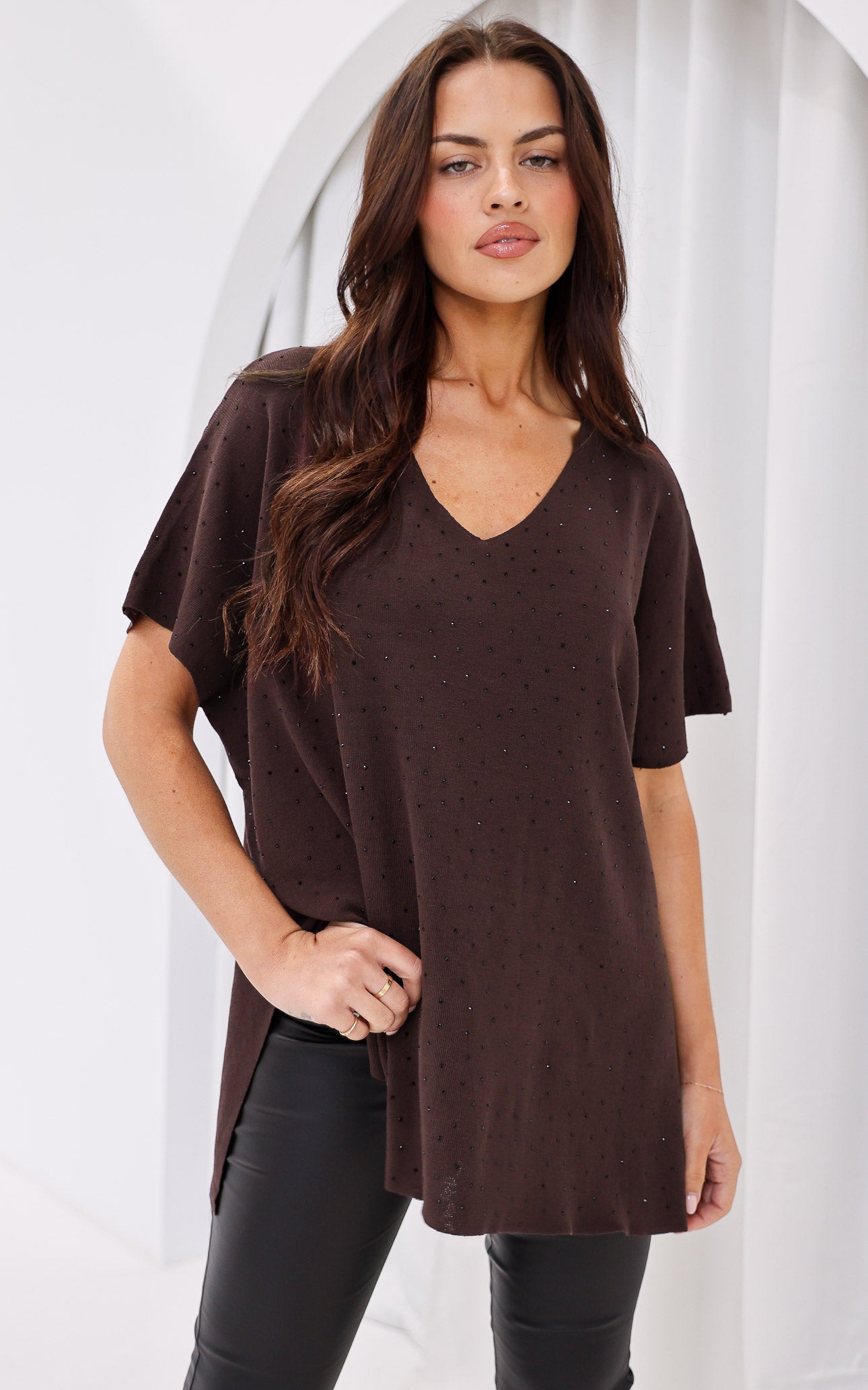 Evianna Diamante Knit Top - Chocolate Brown
