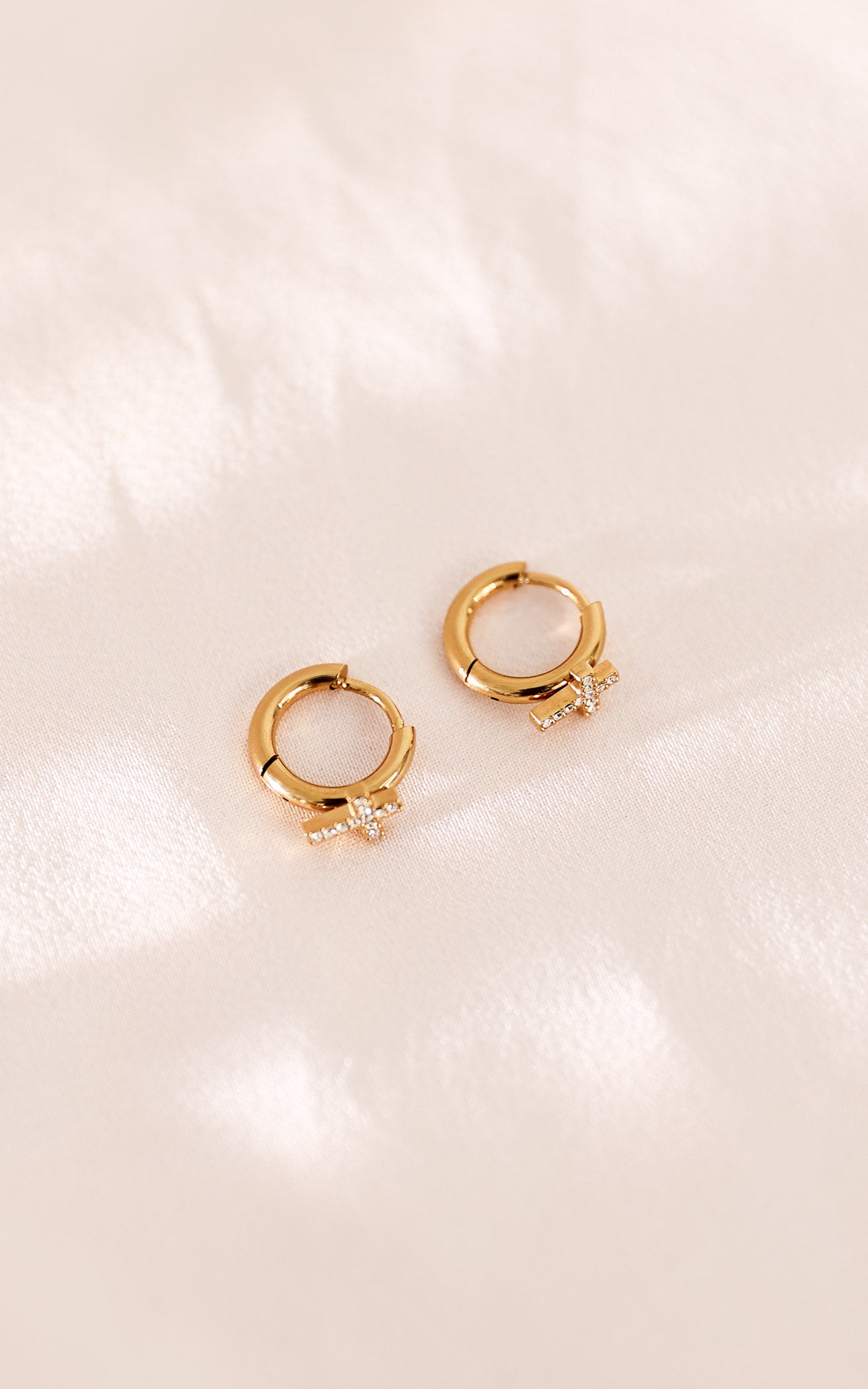 Faith Huggie Hoop Earrings - Gold Cross Diamante