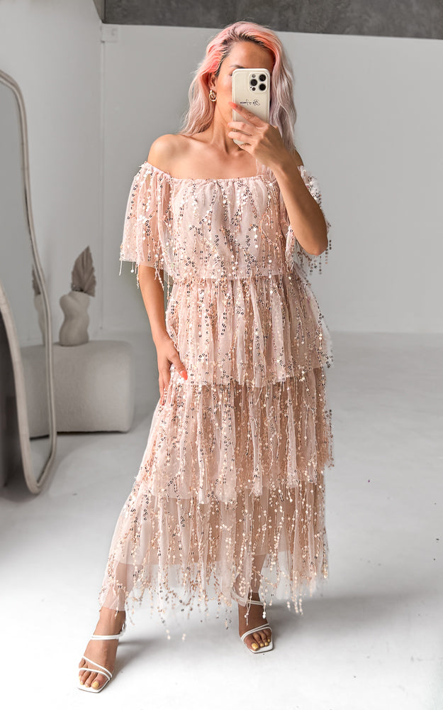 Fantango Maxi Dress - Beige Gold Sequin