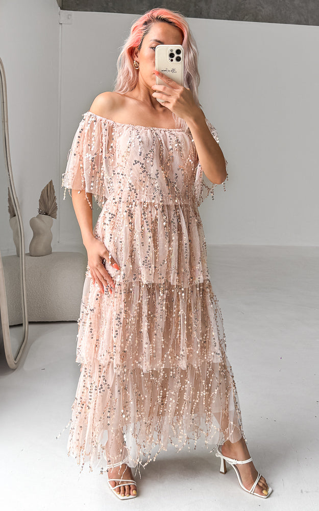 Fantango Maxi Dress - Beige Gold Sequin