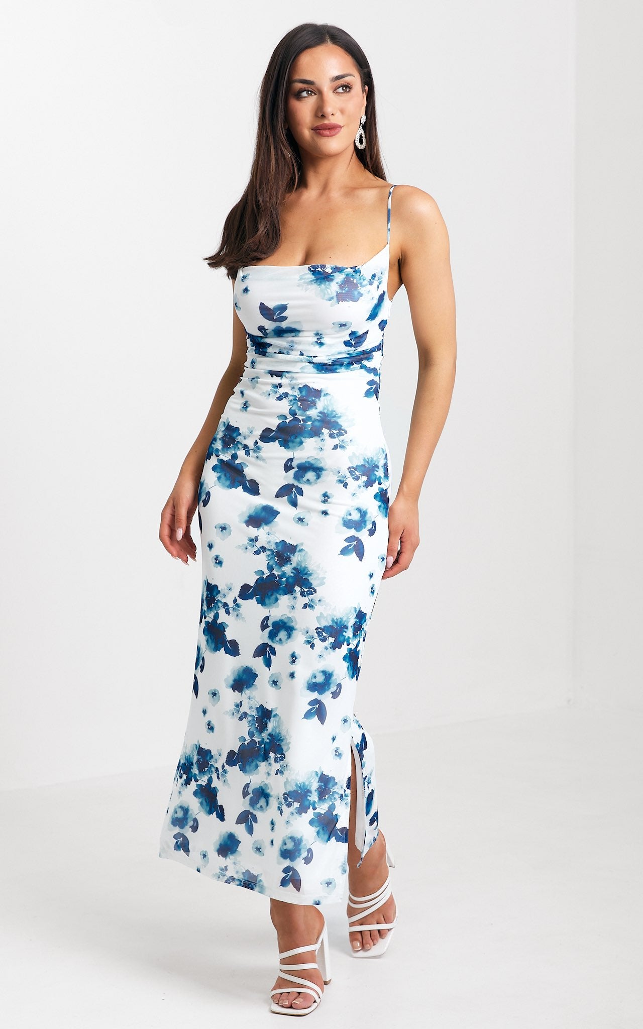 Fawne Mesh Maxi Dress - White Blue Floral