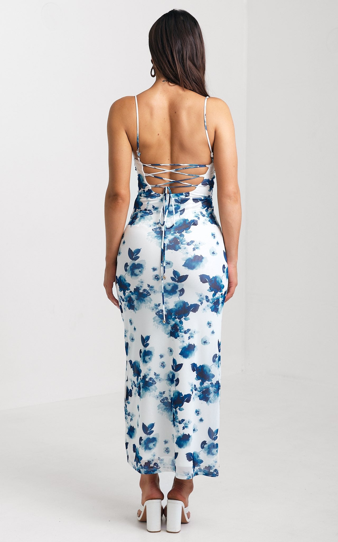 Fawne Mesh Maxi Dress - White Blue Floral