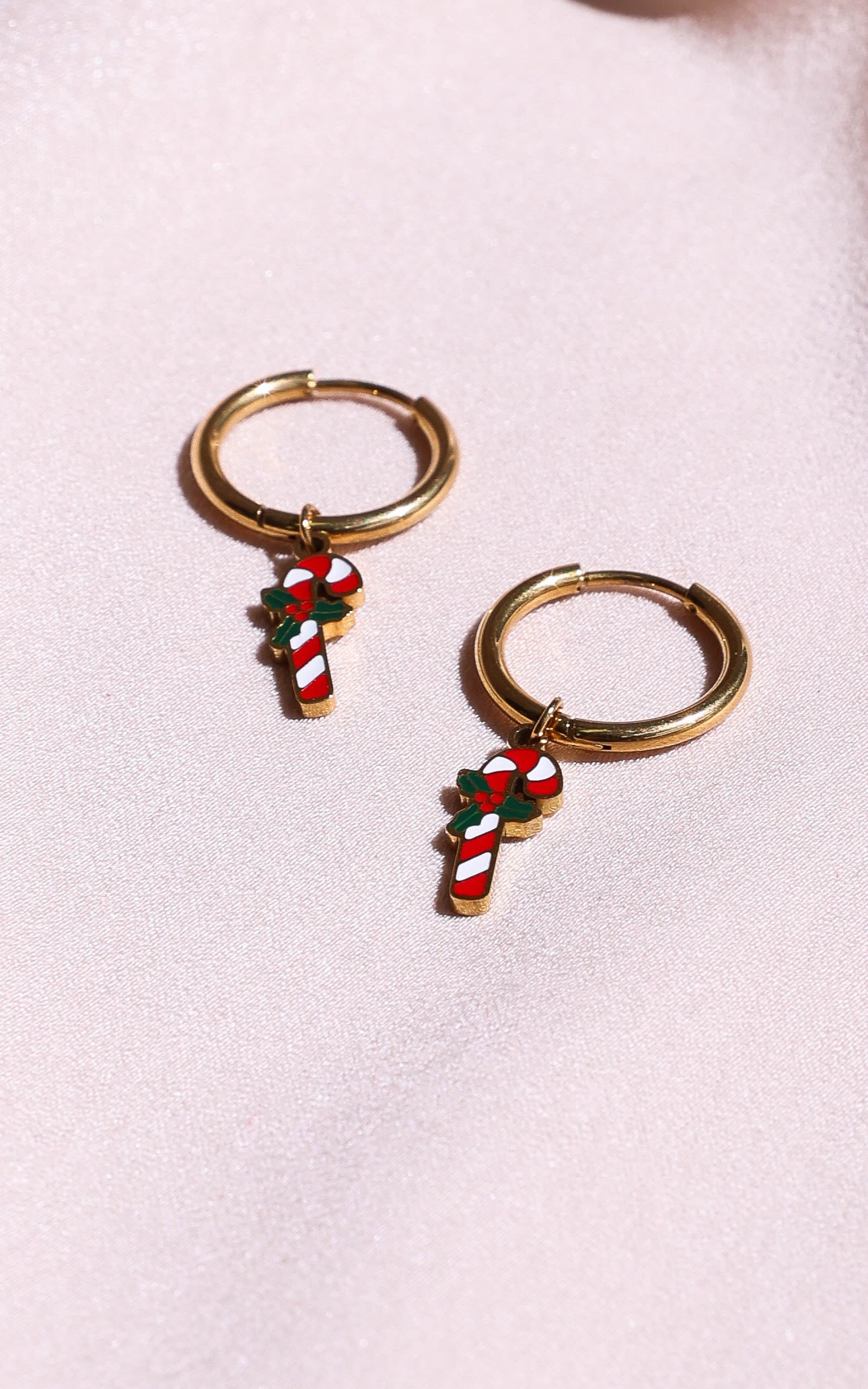 Festive Hoop Charm Earrings - Gold Candy Cane