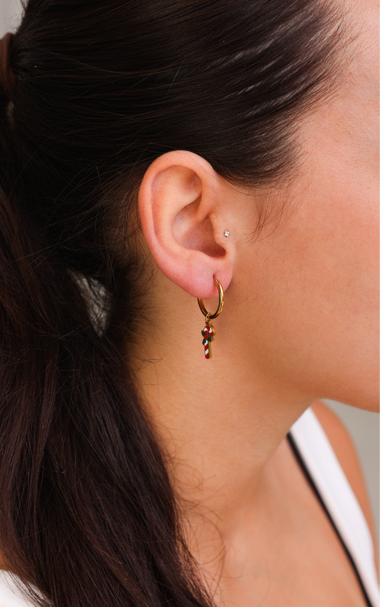 Festive Hoop Charm Earrings - Gold Candy Cane