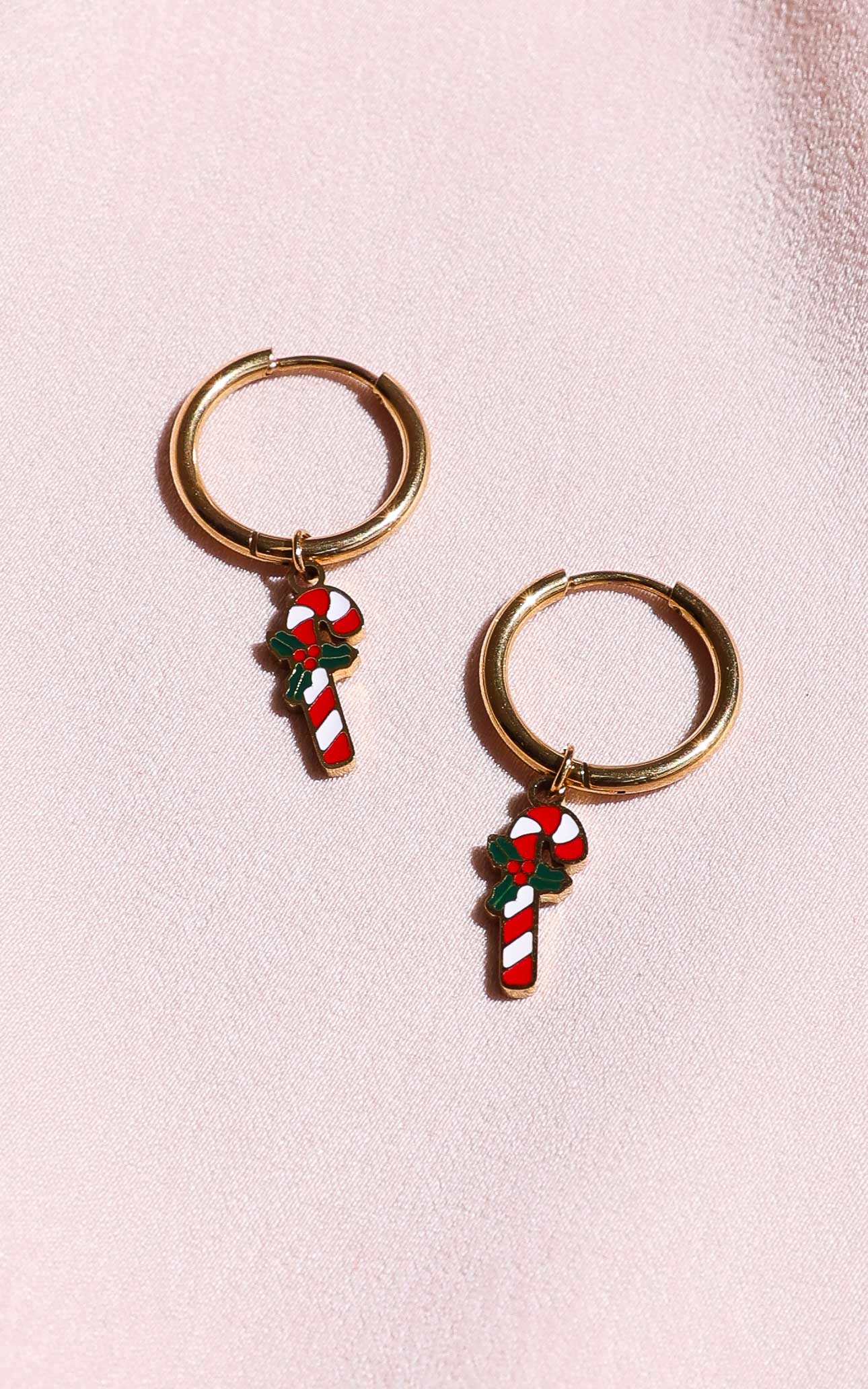 Festive Hoop Charm Earrings - Gold Candy Cane
