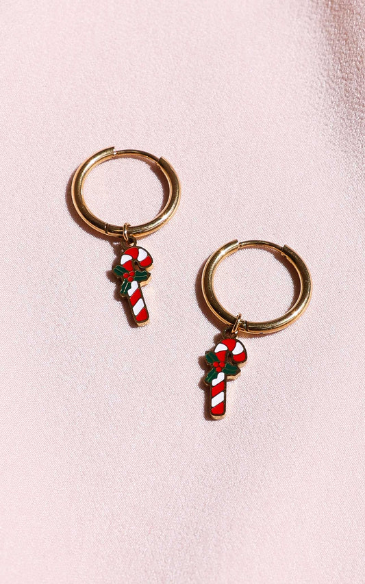 Festive Hoop Charm Earrings - Gold Candy Cane
