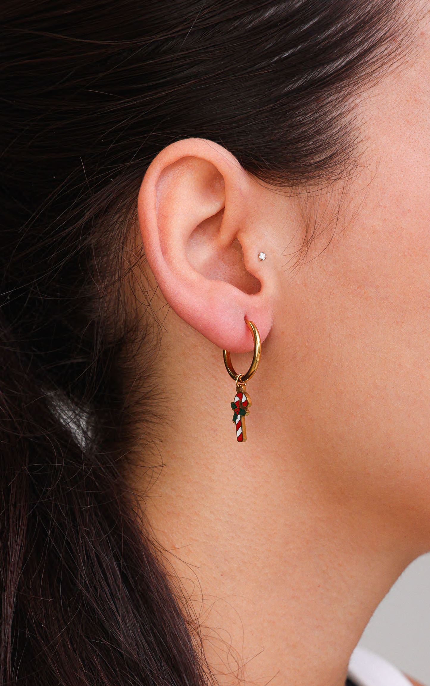 Festive Hoop Charm Earrings - Gold Candy Cane