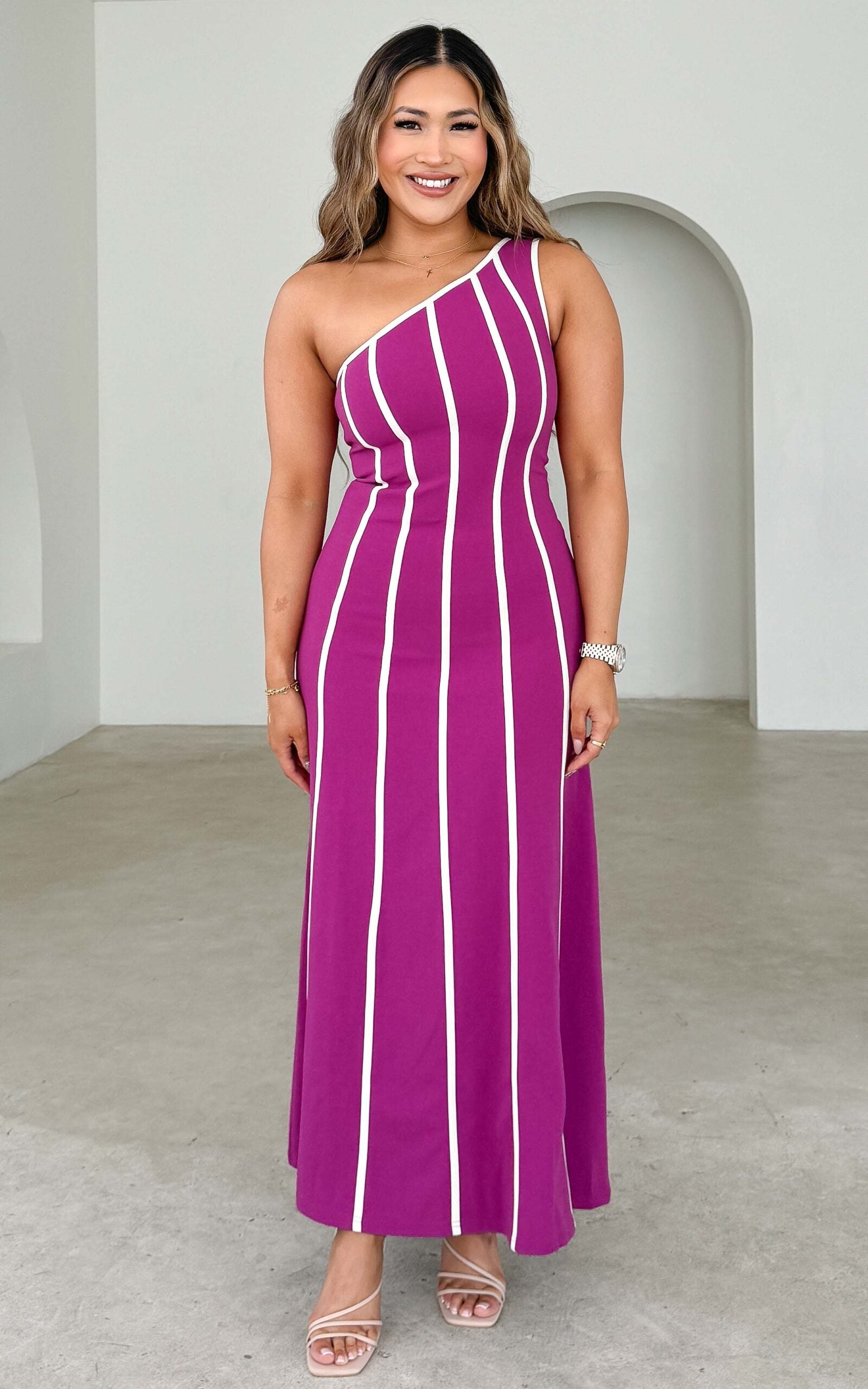 FINLEE ONE SHOULDER SLEEVELESS PIPING DETAIL MAXI DRESS - PURPLE PLUM ...