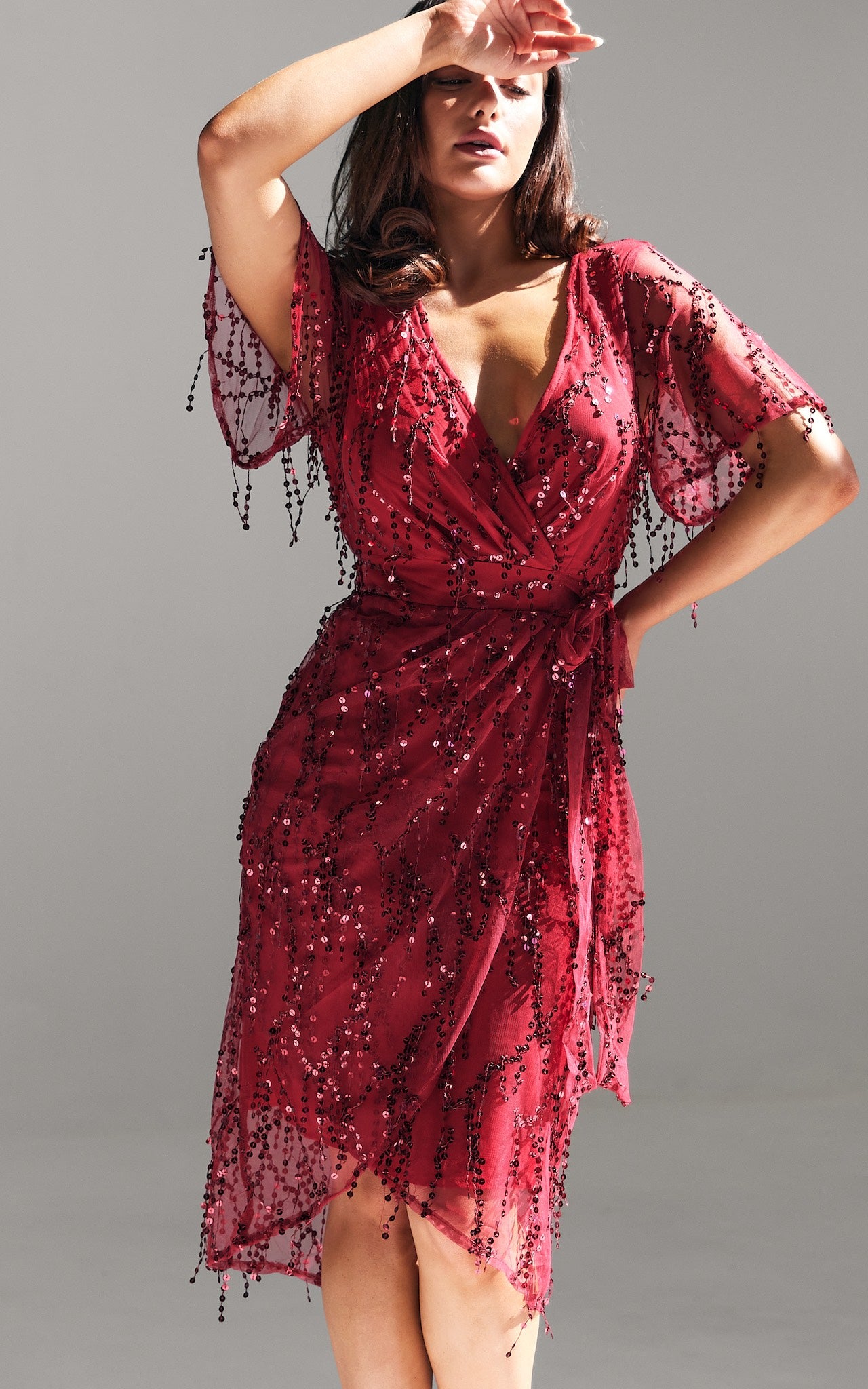 FIREWORKS V NECK SHORT SLEEVE SEQUIN MIDI DRESS FIREWORKS V NECK SHORT SLEEVE SEQUIN MIDI DRESS