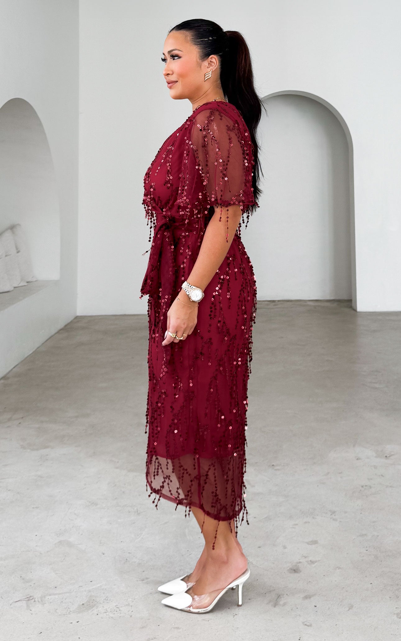 Fireworks Sequin Midi Dress - Wine