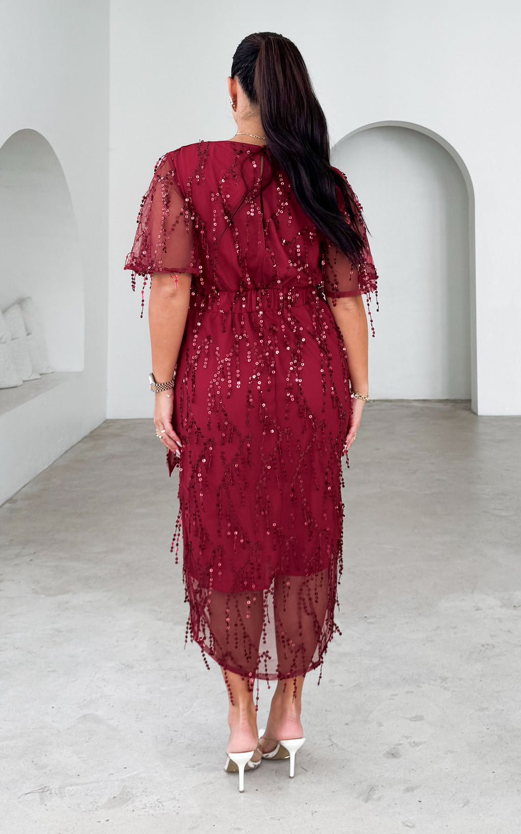 Fireworks Sequin Midi Dress - Wine