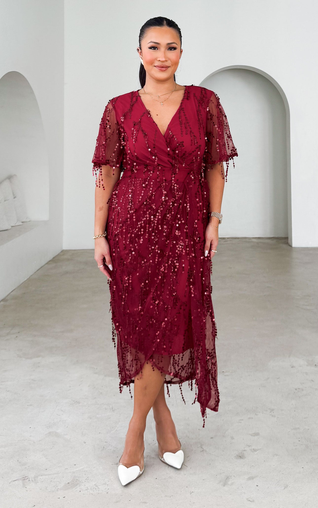 Fireworks Sequin Midi Dress - Wine