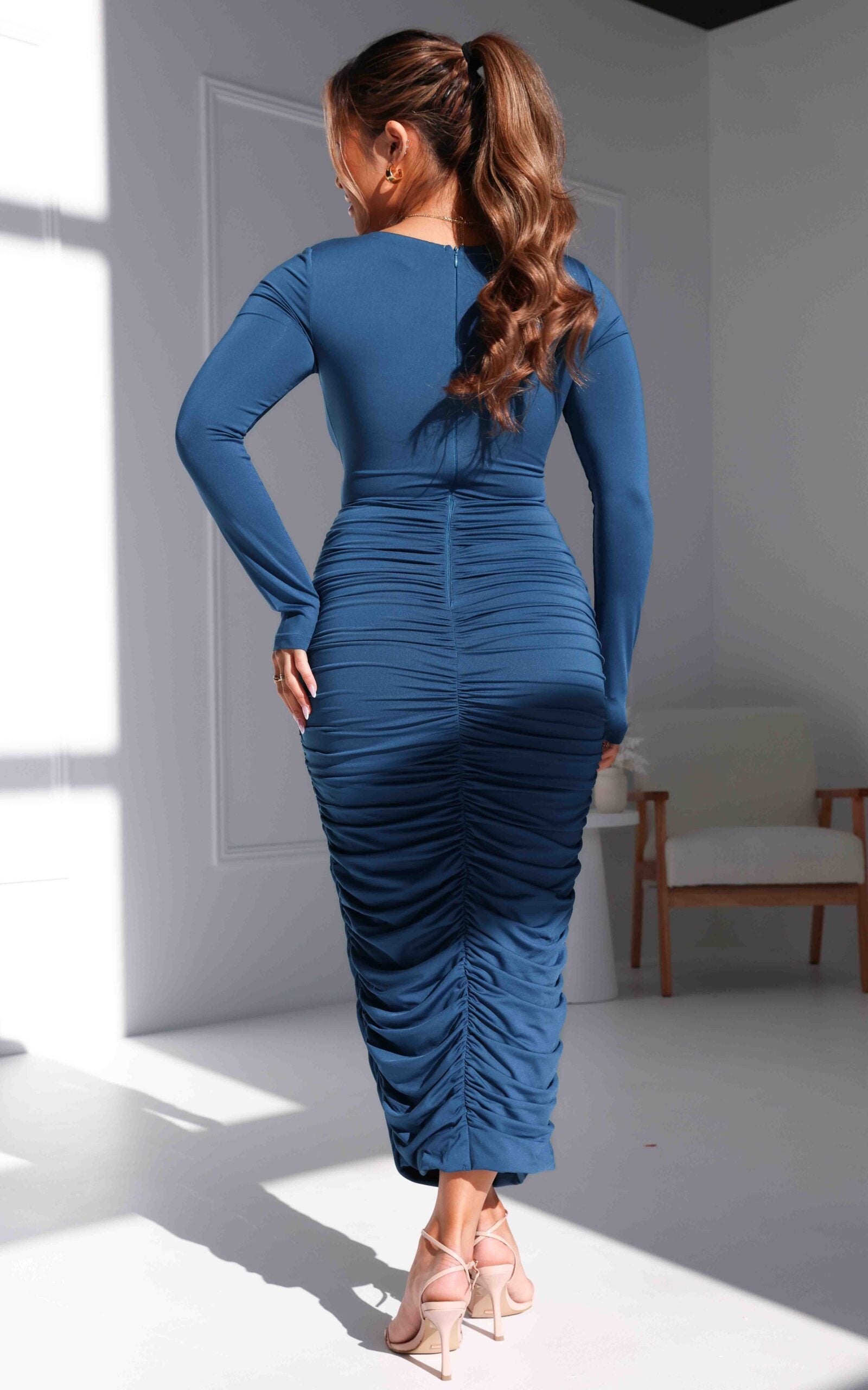 FRANKIE CUT OUT DRAWSTRING LONG SLEEVE RUCHED BODYCON MIDI DRESS - MIDNIGHT BLUE By Amica FRANKIE CUT OUT DRAWSTRING LONG SLEEVE RUCHED BODYCON MIDI DRESS - MIDNIGHT BLUE By Amica