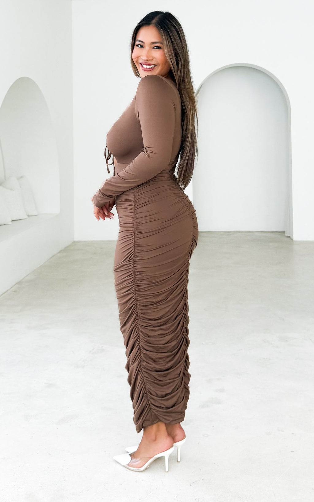 Frankie Long Sleeve Midi Dress - Chocolate Brown