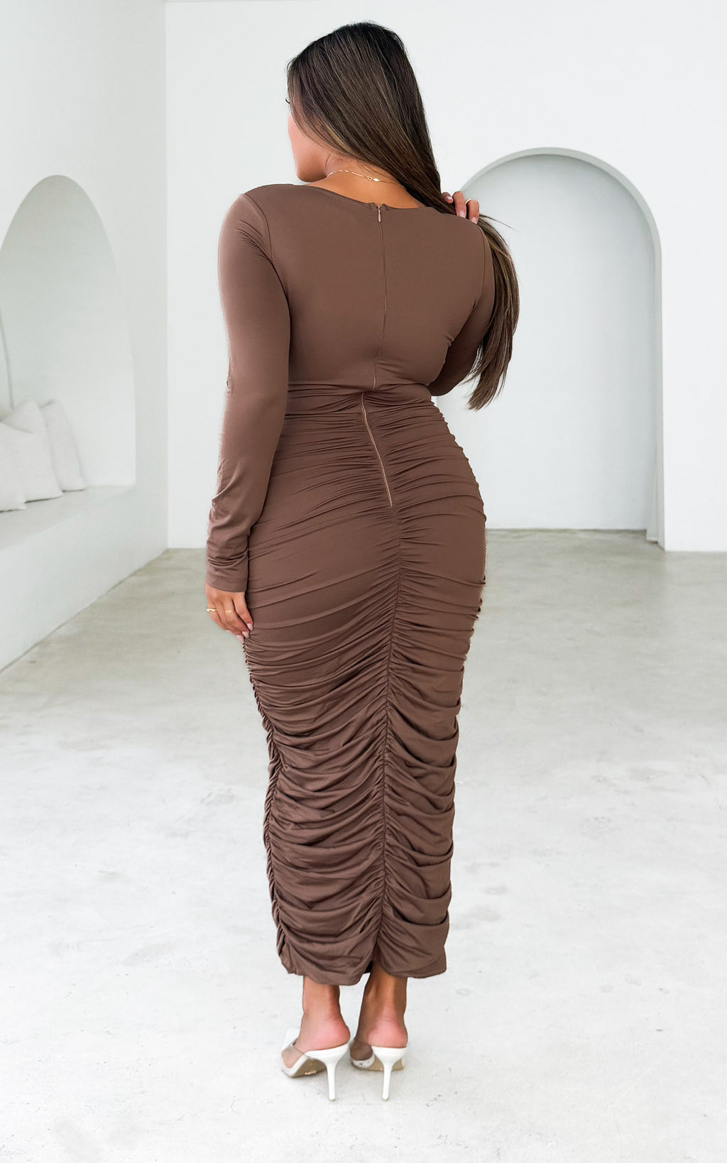Frankie Long Sleeve Midi Dress - Chocolate Brown