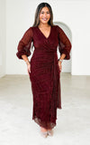 Galleria Long Sleeve Maxi Dress - Wine Red Metallic